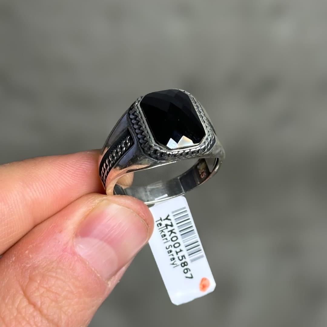 Safir Kristal Şekilli 925 Ayar Gümüş Erkek Yüzük