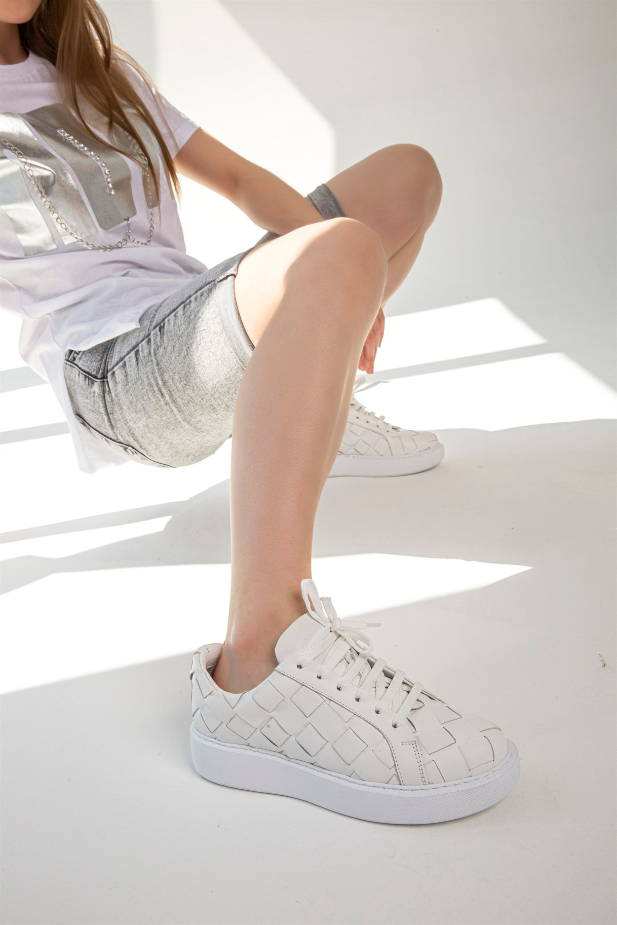  Beyaz Deri Örgü Kadın Sneakers