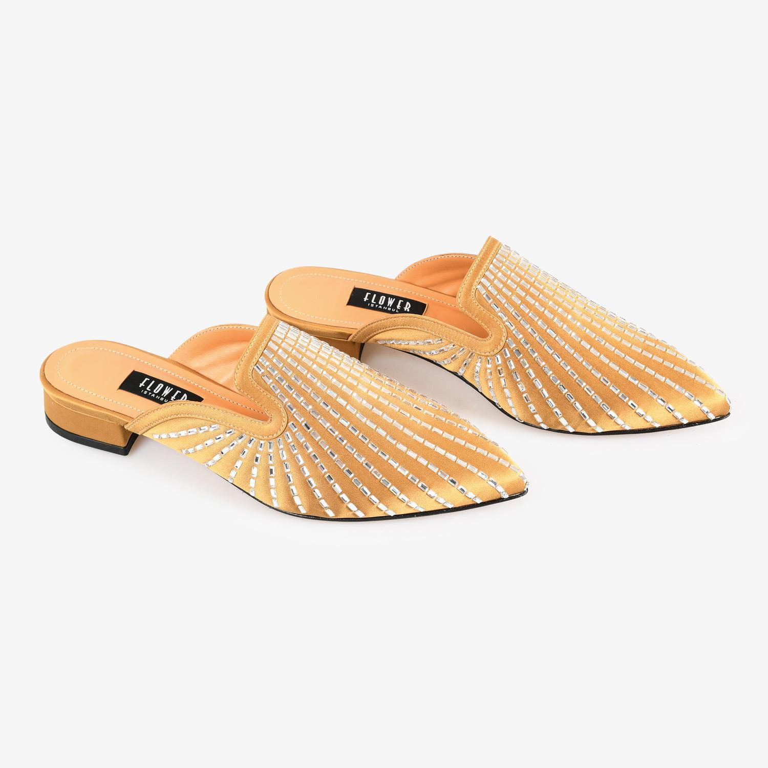 Altın Saten Taşlı Kadın Abiye Terlik