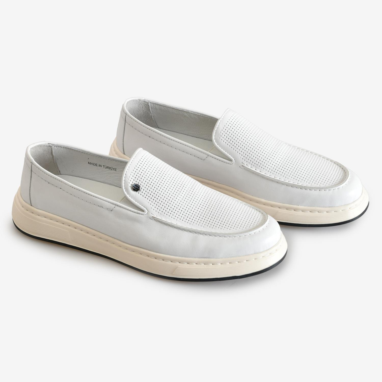 Beyaz Deri Düz Erkek Loafer
