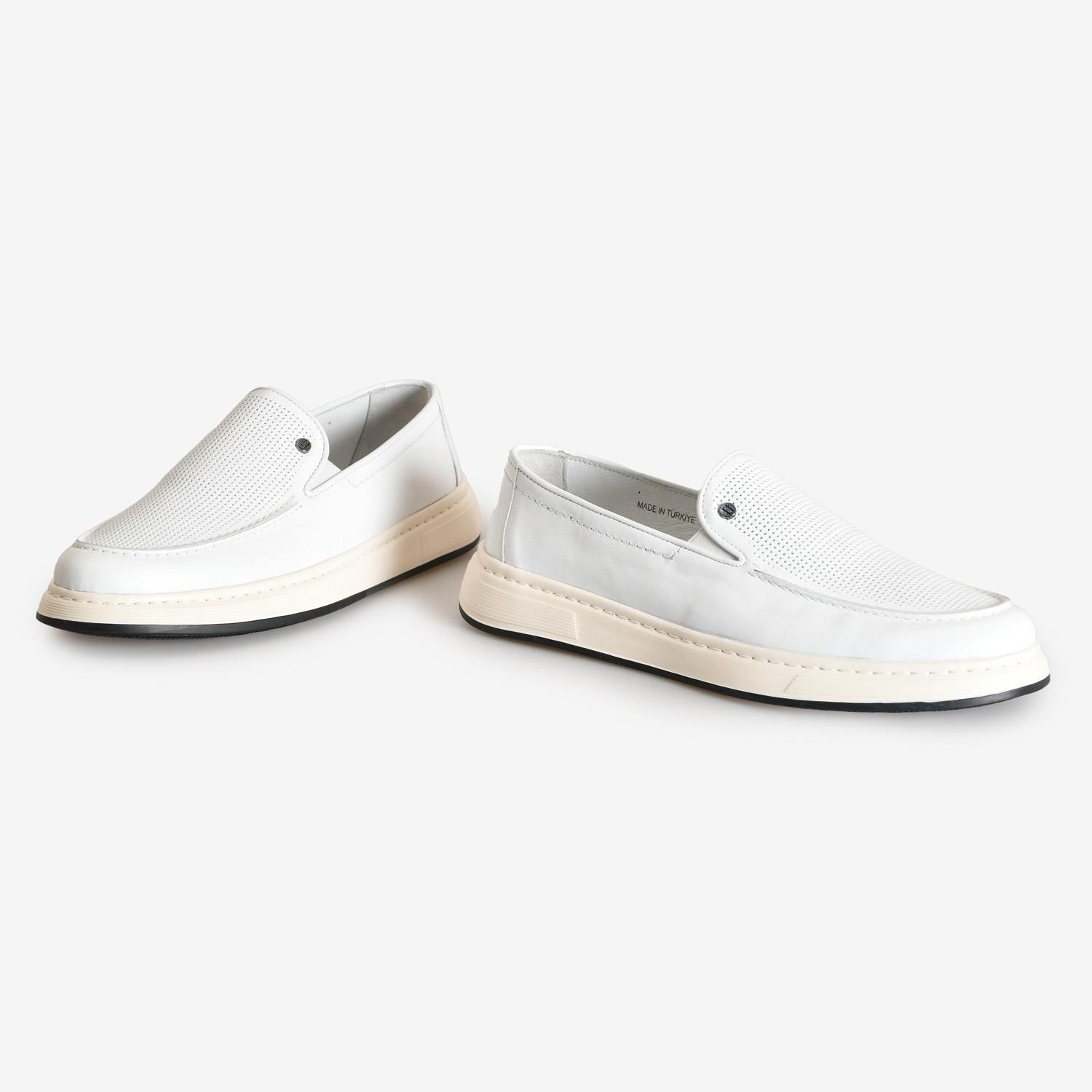 Beyaz Deri Düz Erkek Loafer