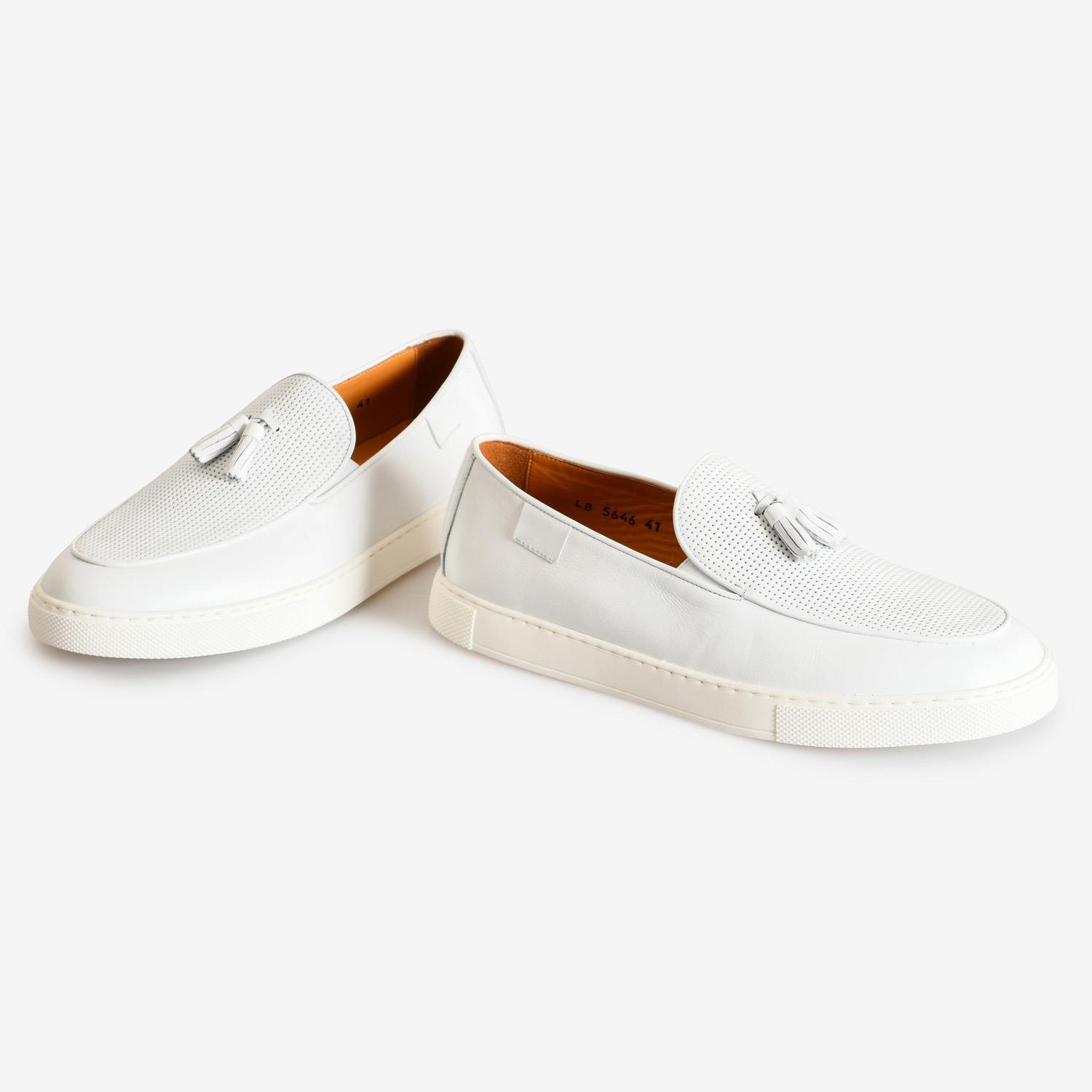 Beyaz Deri Püsküllü Erkek Loafer