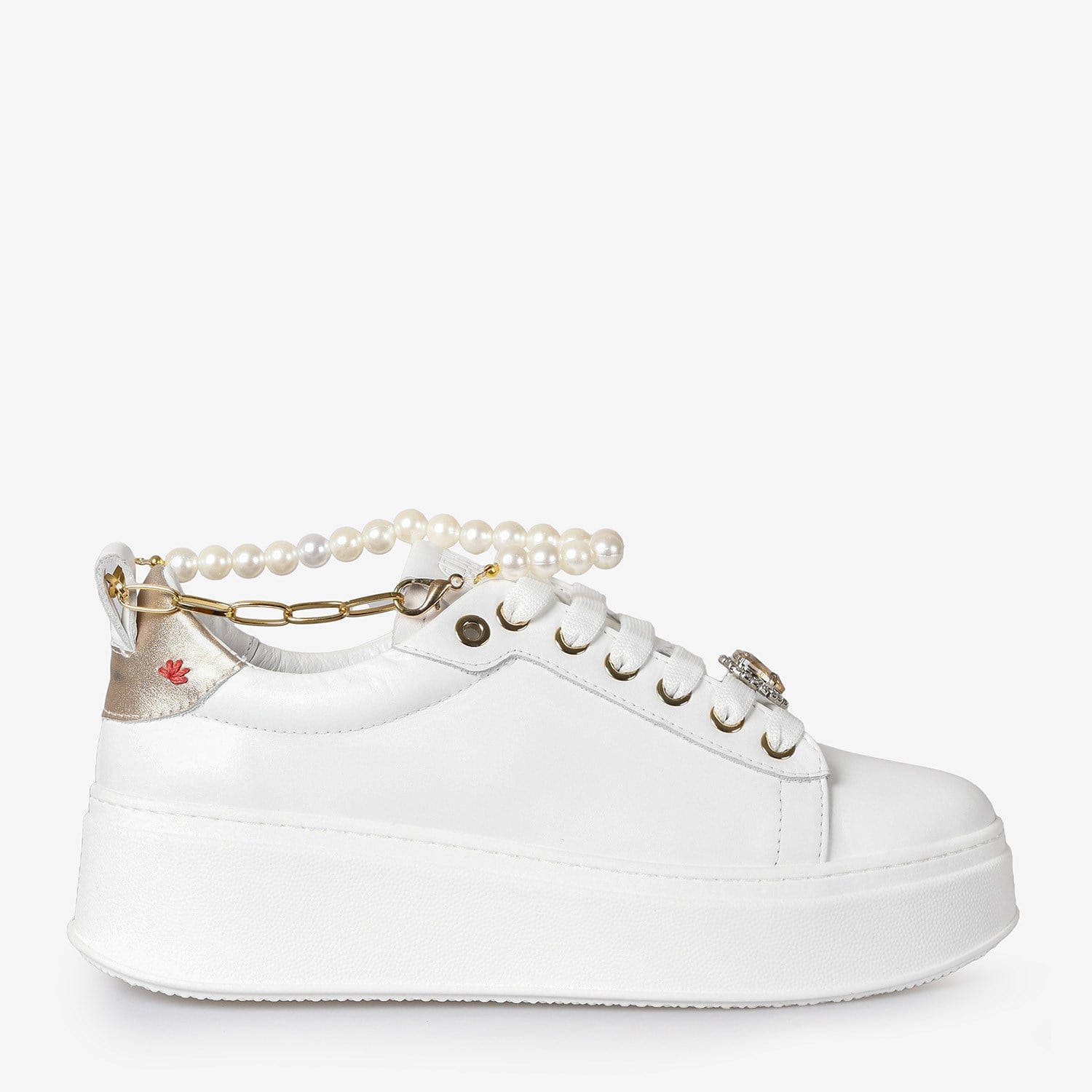 Beyaz Deri Zincir Detaylı Kadın Sneaker