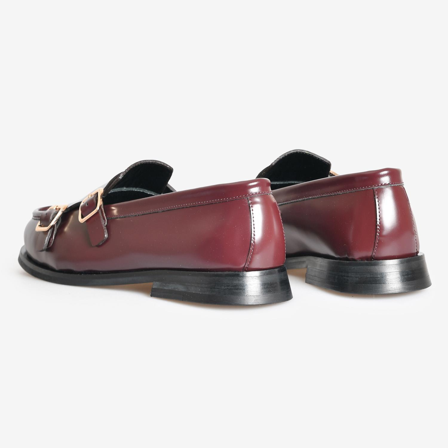 Bordo Deri Kemer Detaylı Kadın Loafer