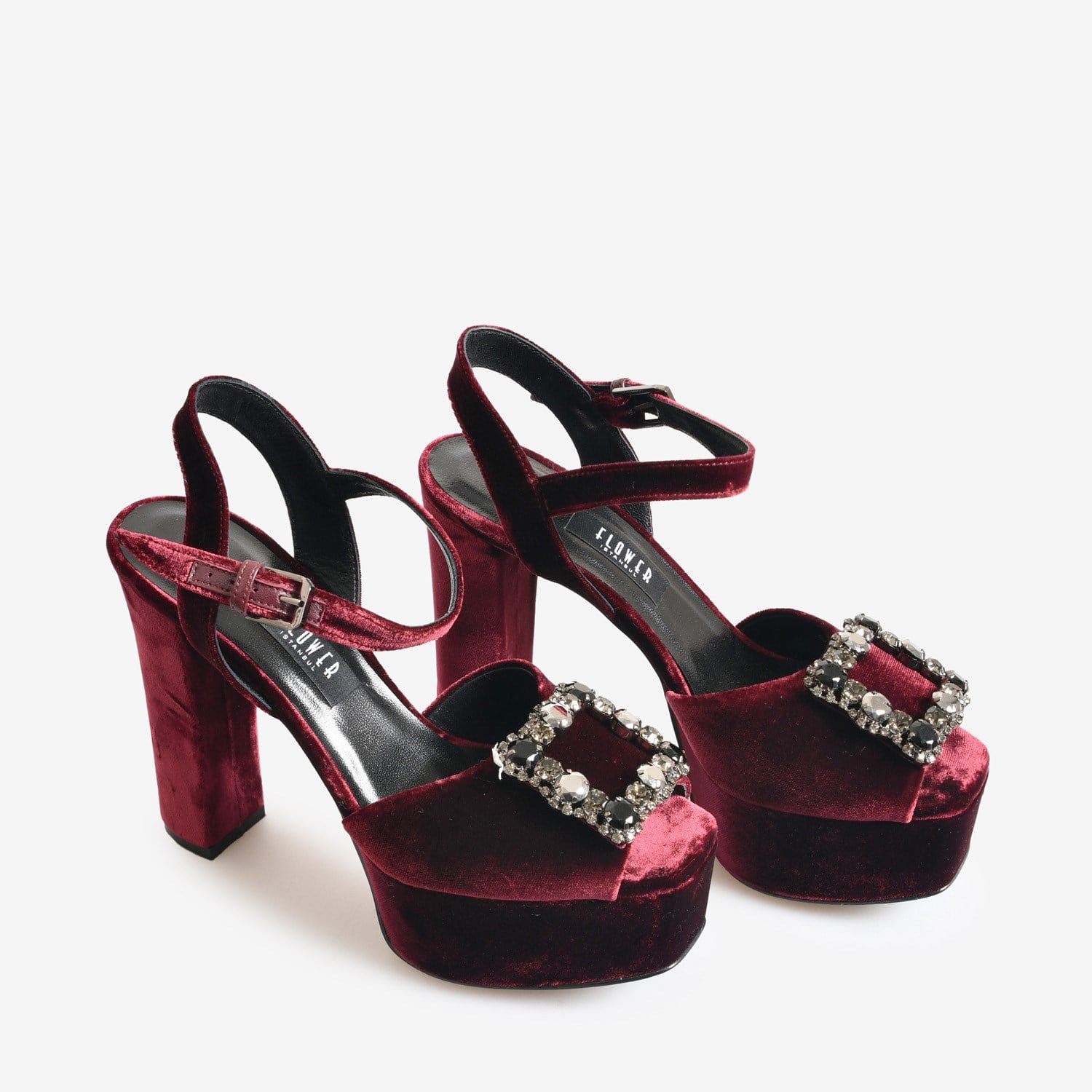 Bordo Kadife Platformlu Kadın Abiye Sandalet