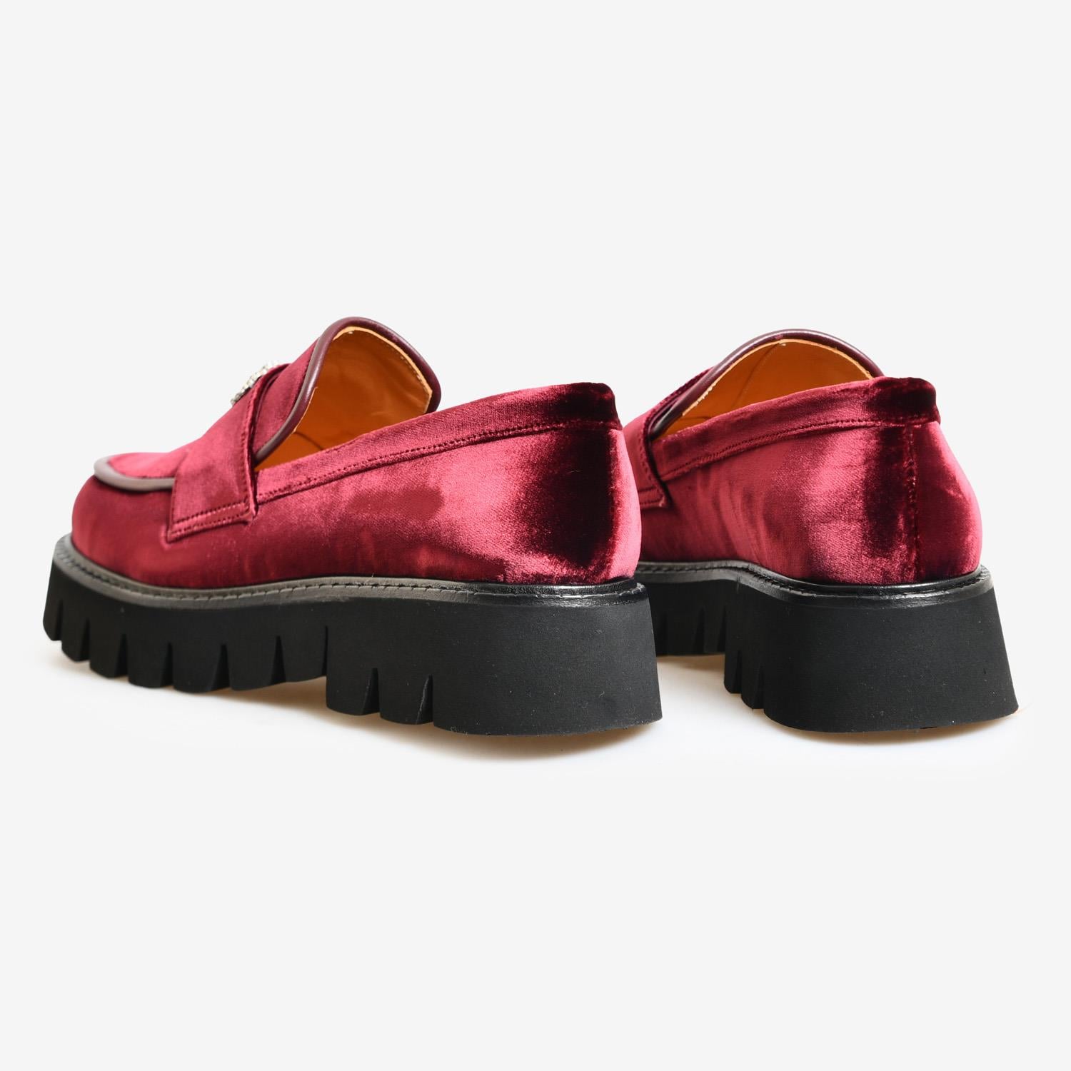 Bordo Kadife Taşlı Kadın Loafer