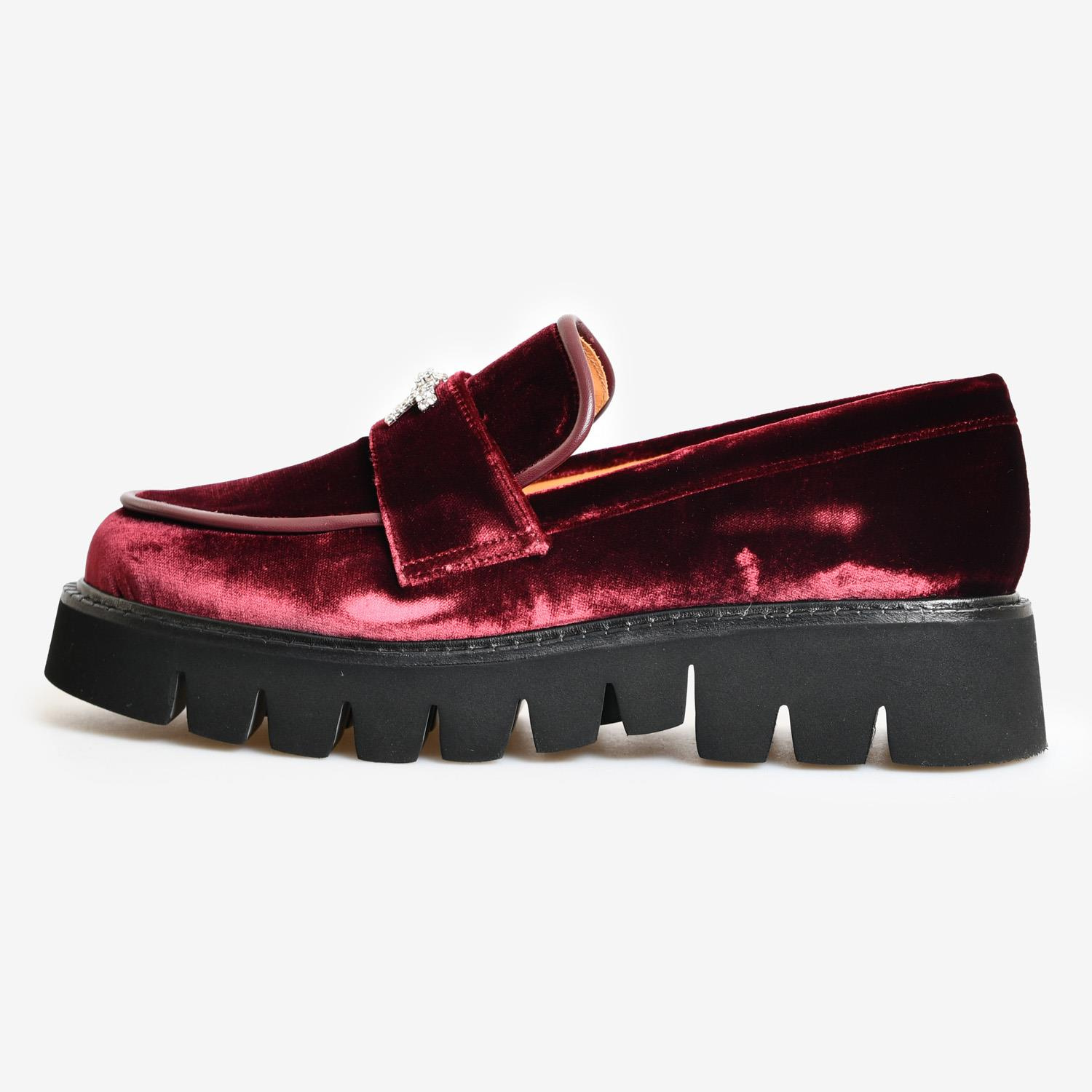 Bordo Kadife Taşlı Kadın Loafer