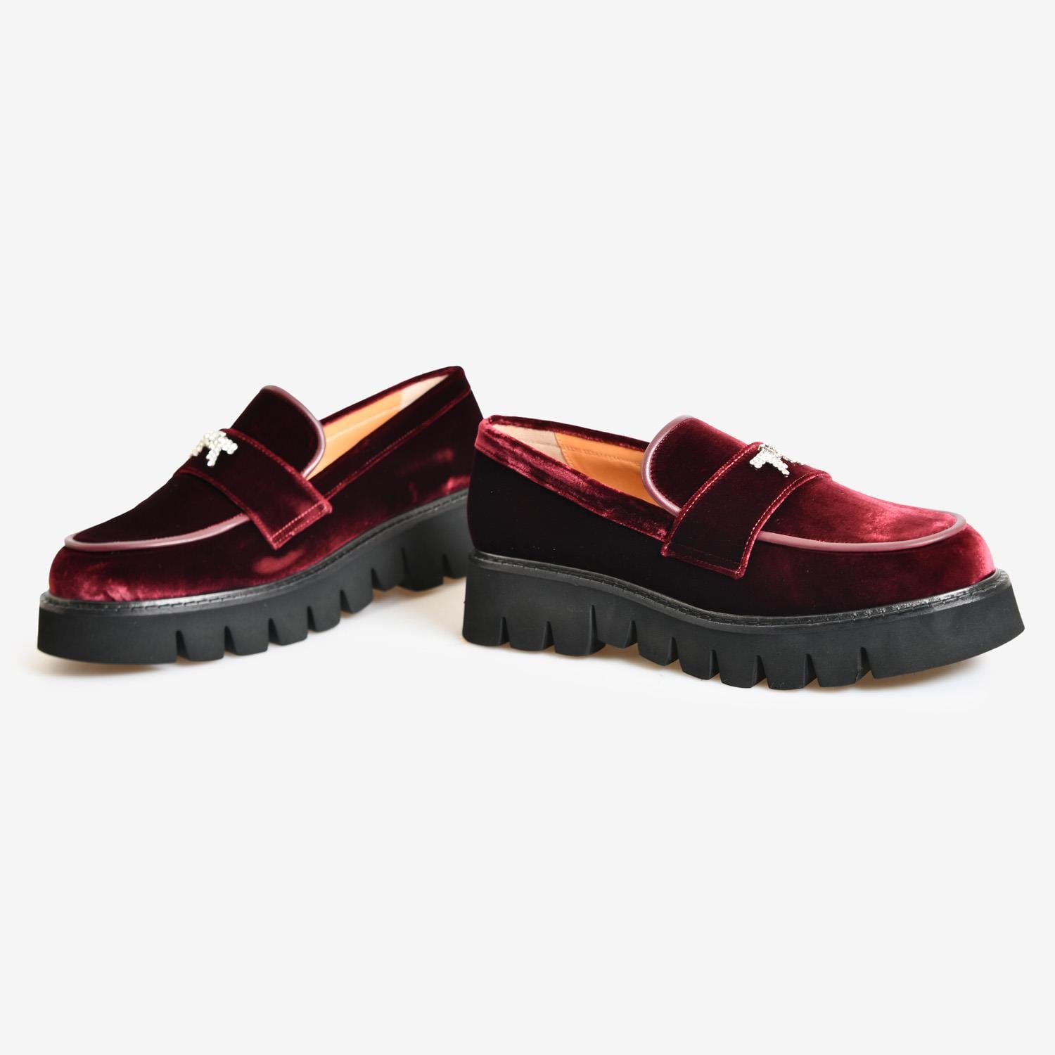 Bordo Kadife Taşlı Kadın Loafer