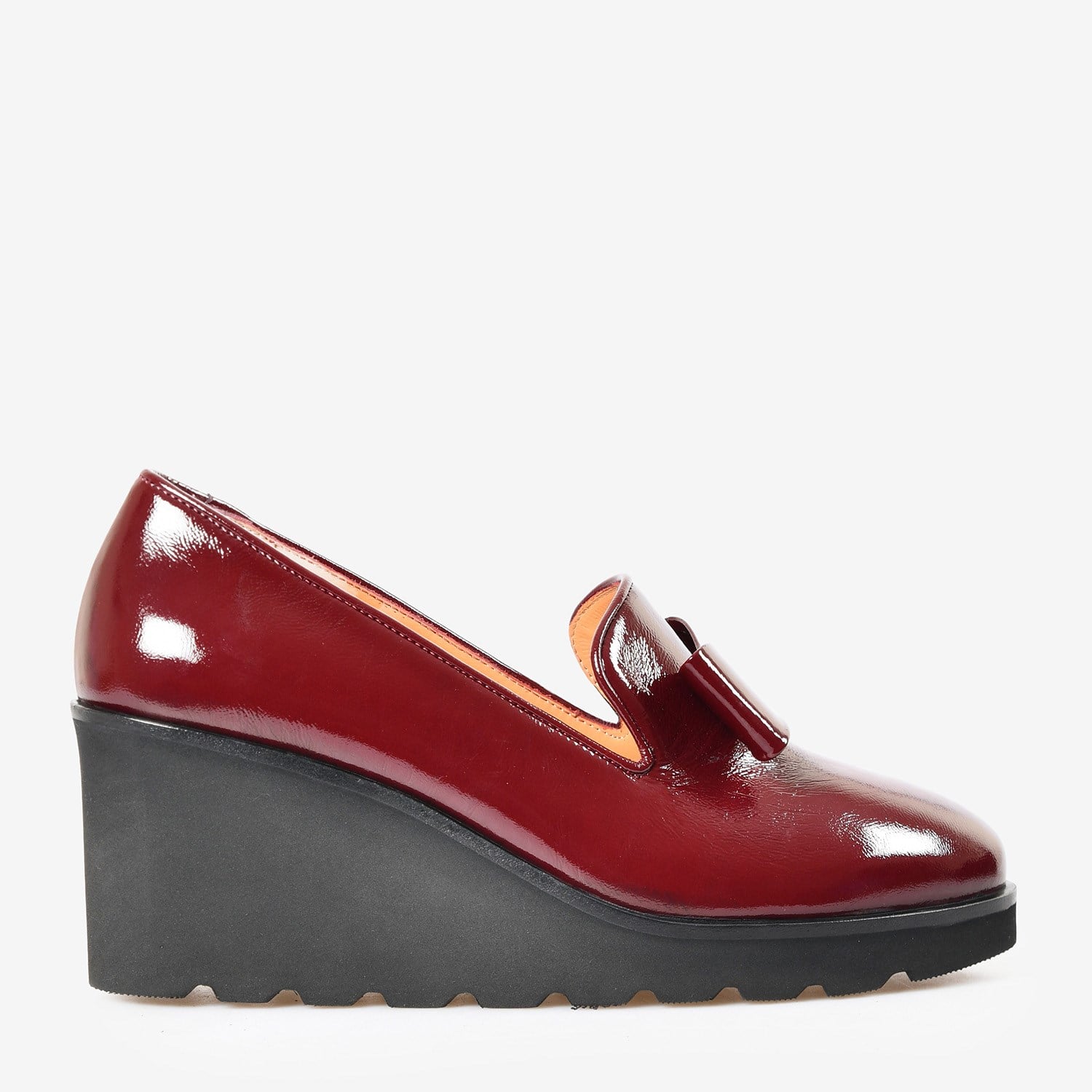 Bordo Kırışık Rugan Fiyonklu Dolgu Topuk Kadın Loafer 