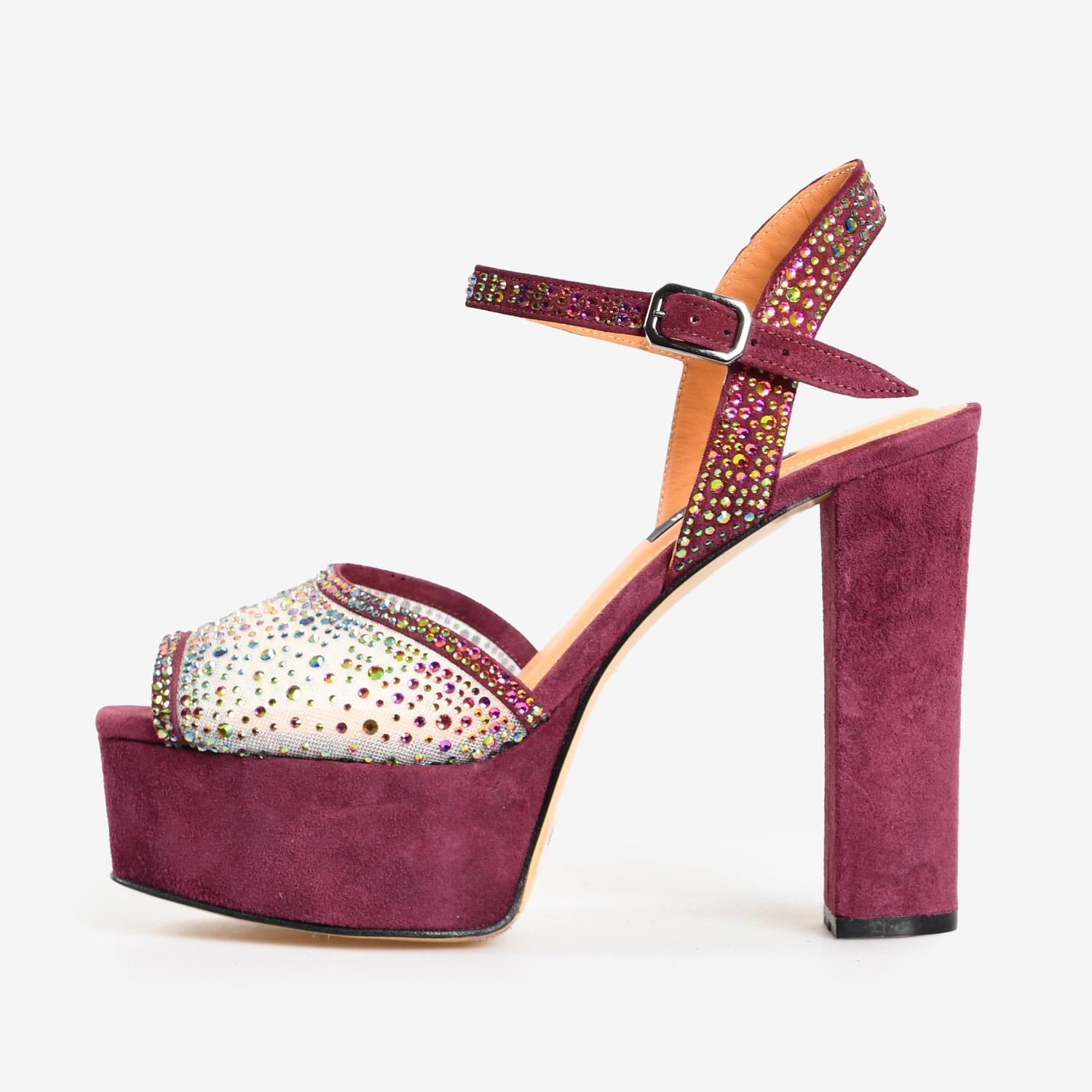 Bordo Süet File Taşlı Kalın Topuk Kadın Abiye Sandalet