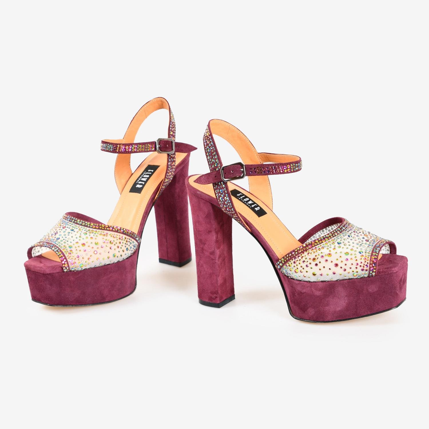 Bordo Süet File Taşlı Kalın Topuk Kadın Abiye Sandalet