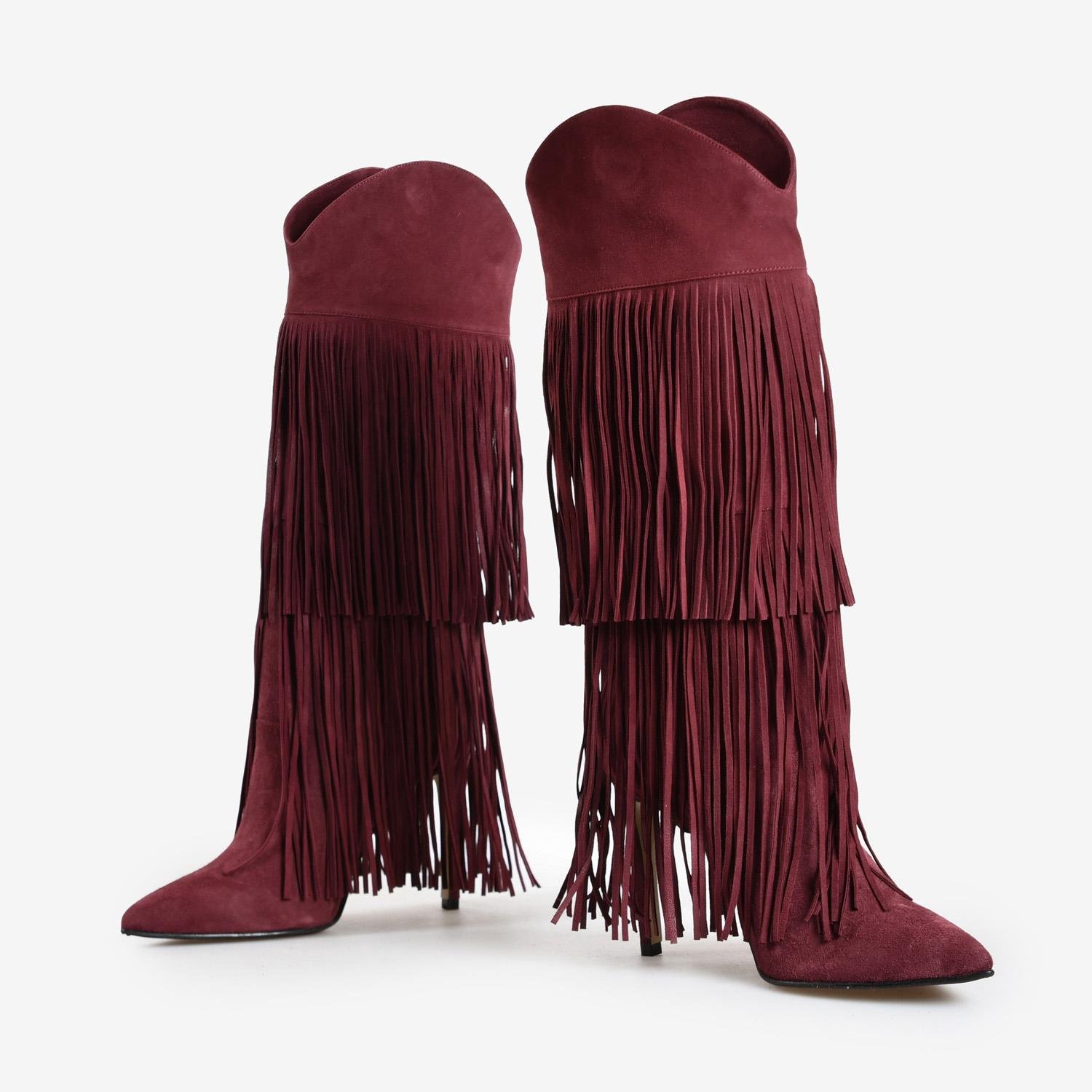 Bordo Süet Püskül Detaylı Kadın Çizme