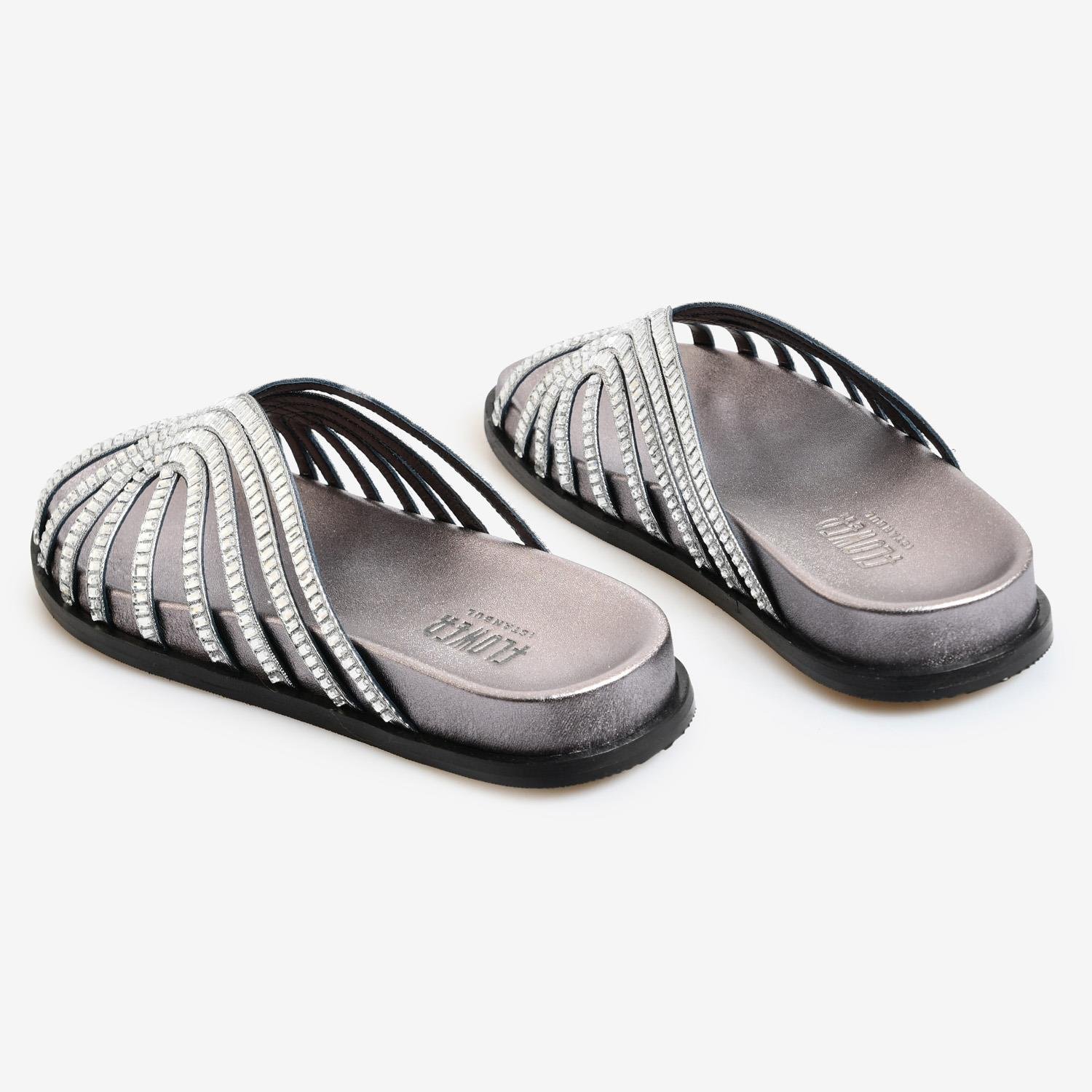 Bronz Saten Taşlı Kadın Terlik