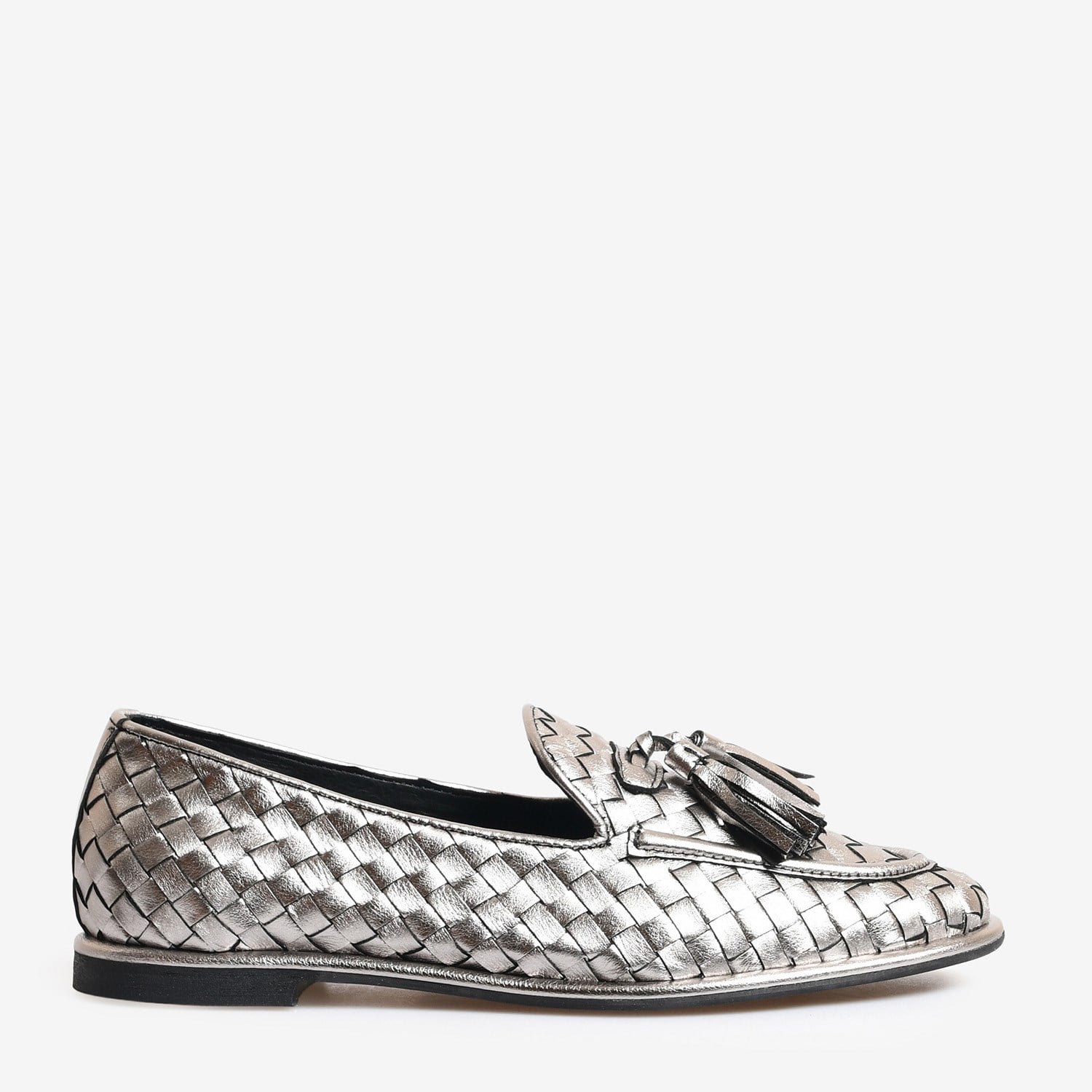 Çelik Renk Örgü Deri Kadın Bağcıklı Loafer