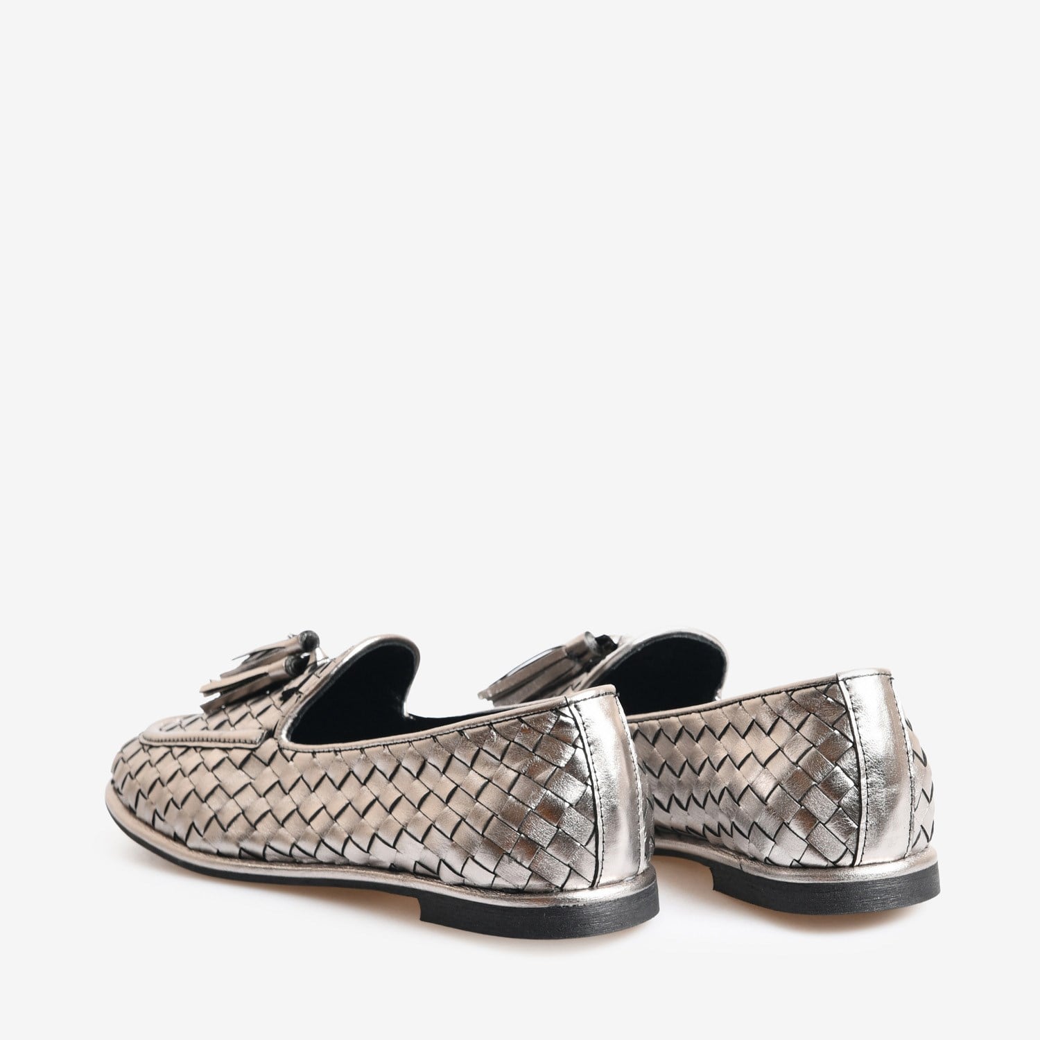 Çelik Renk Örgü Deri Kadın Bağcıklı Loafer