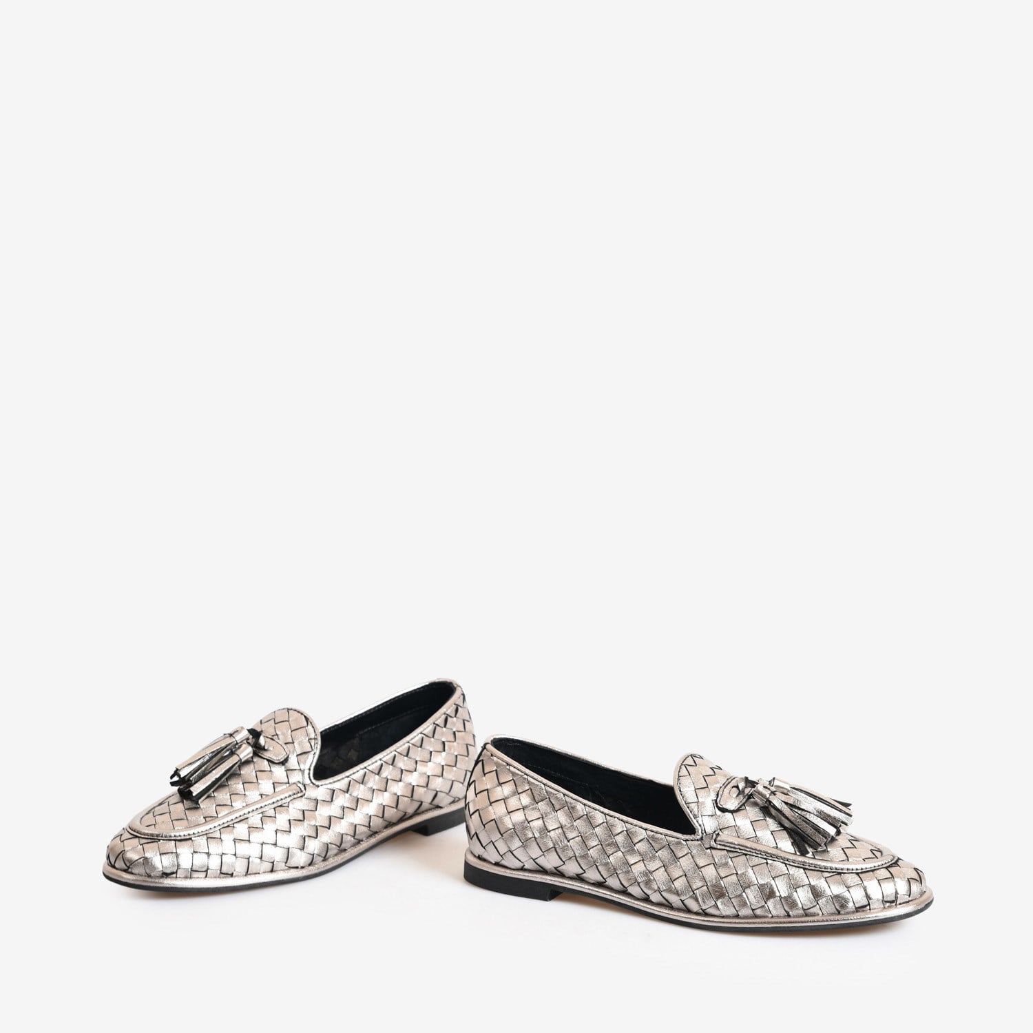 Çelik Renk Örgü Deri Kadın Bağcıklı Loafer