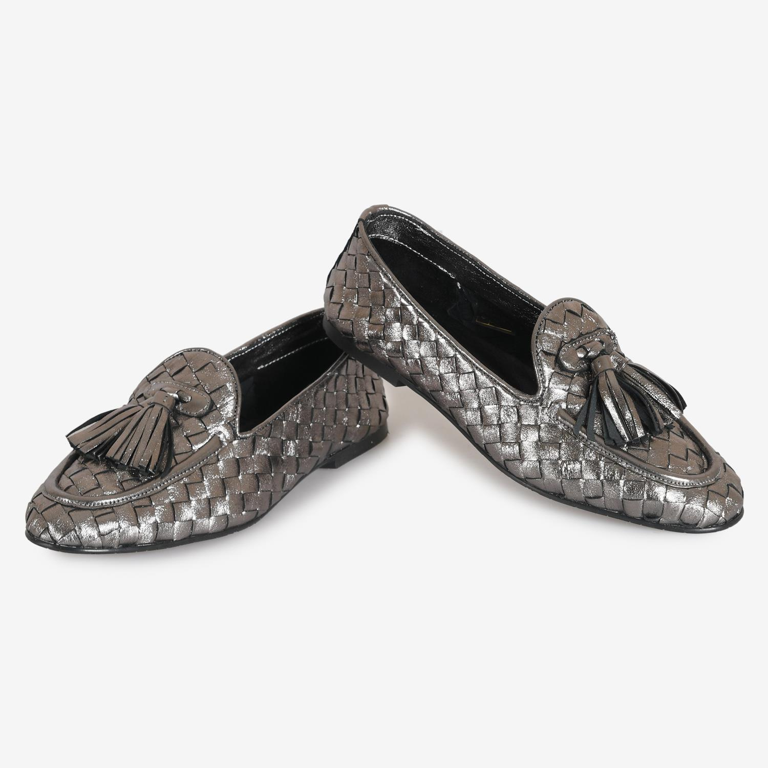 Çelik Renk Örgü Deri Kadın Loafer