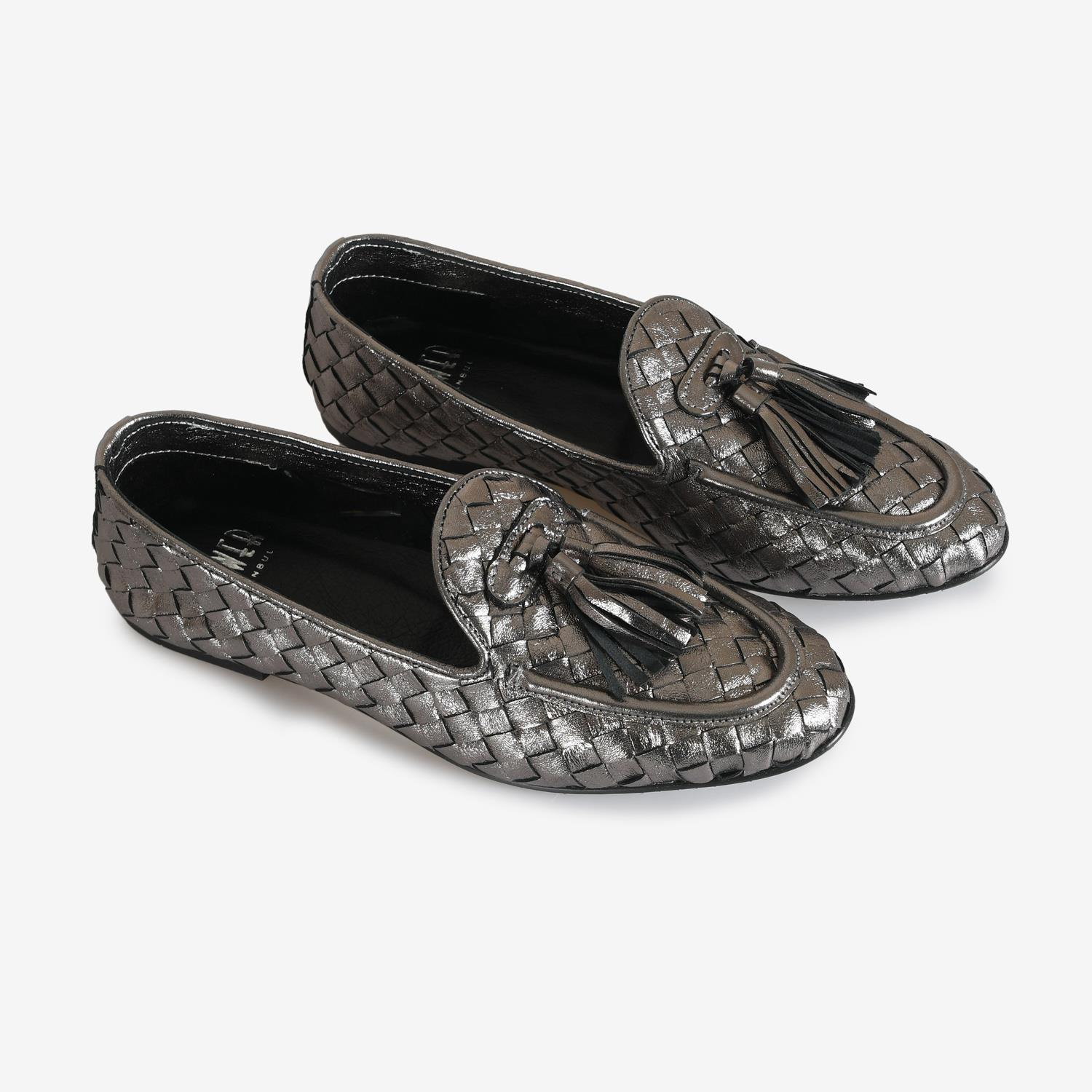 Çelik Renk Örgü Deri Kadın Loafer