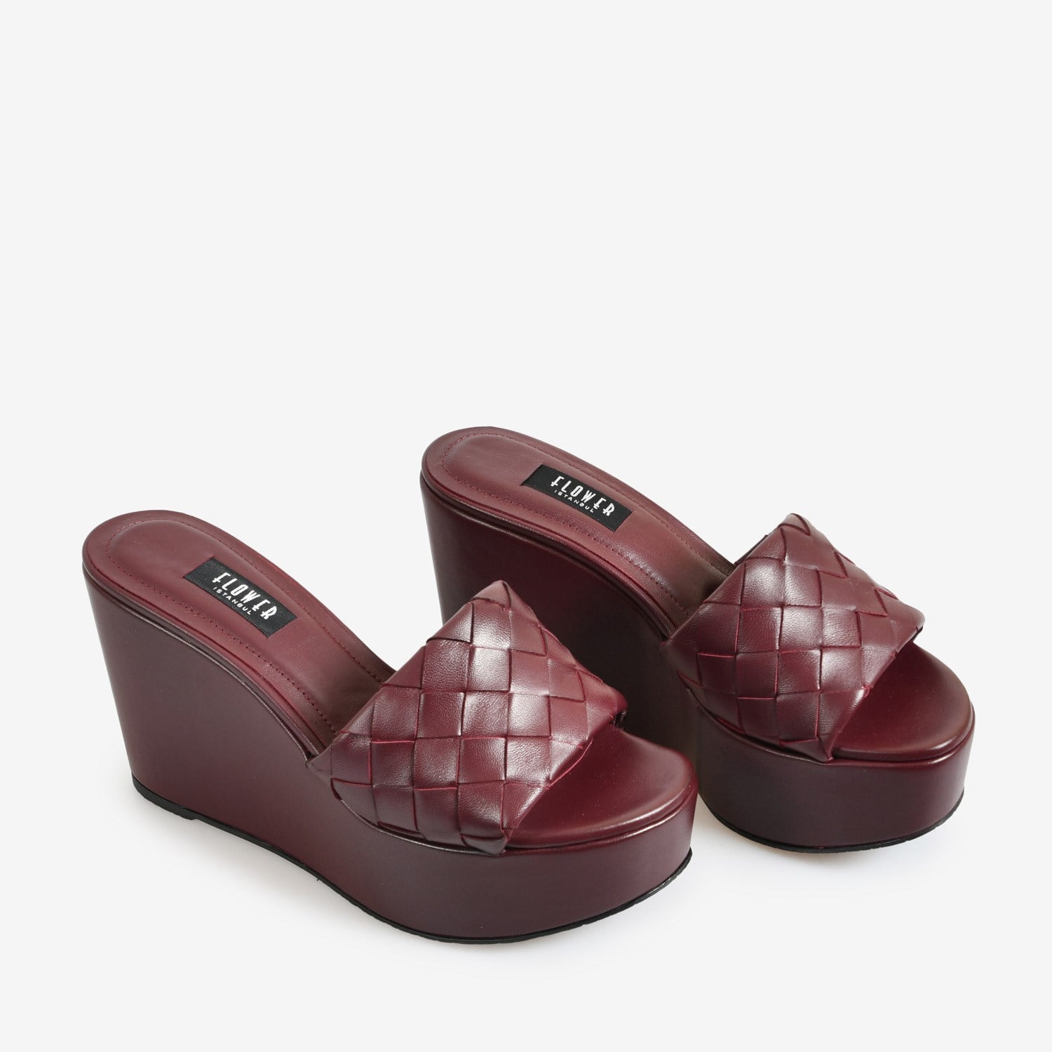 Flower Bordo Deri Dolgu Topuk Kadın Terlik