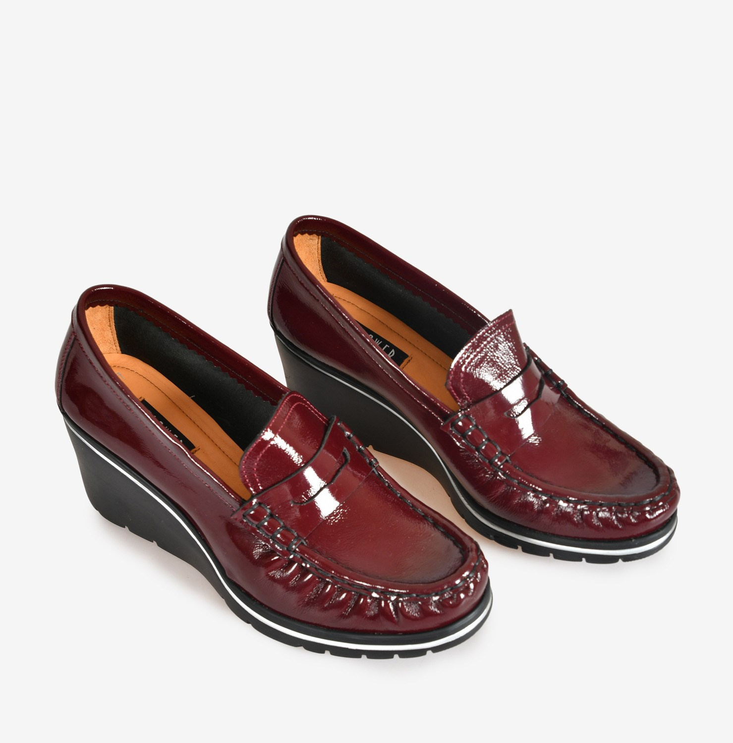 Flower Bordo Rugan Dolgu Topuk Kadın Loafer