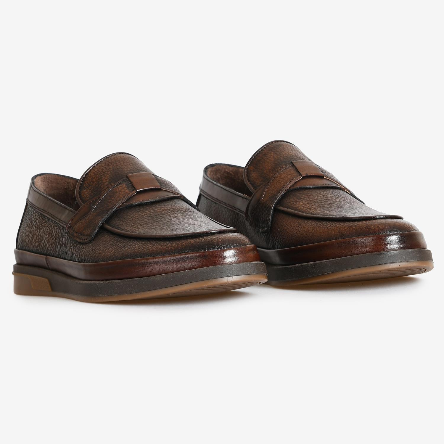 Kahve Deri Bağcıksız Erkek Loafer