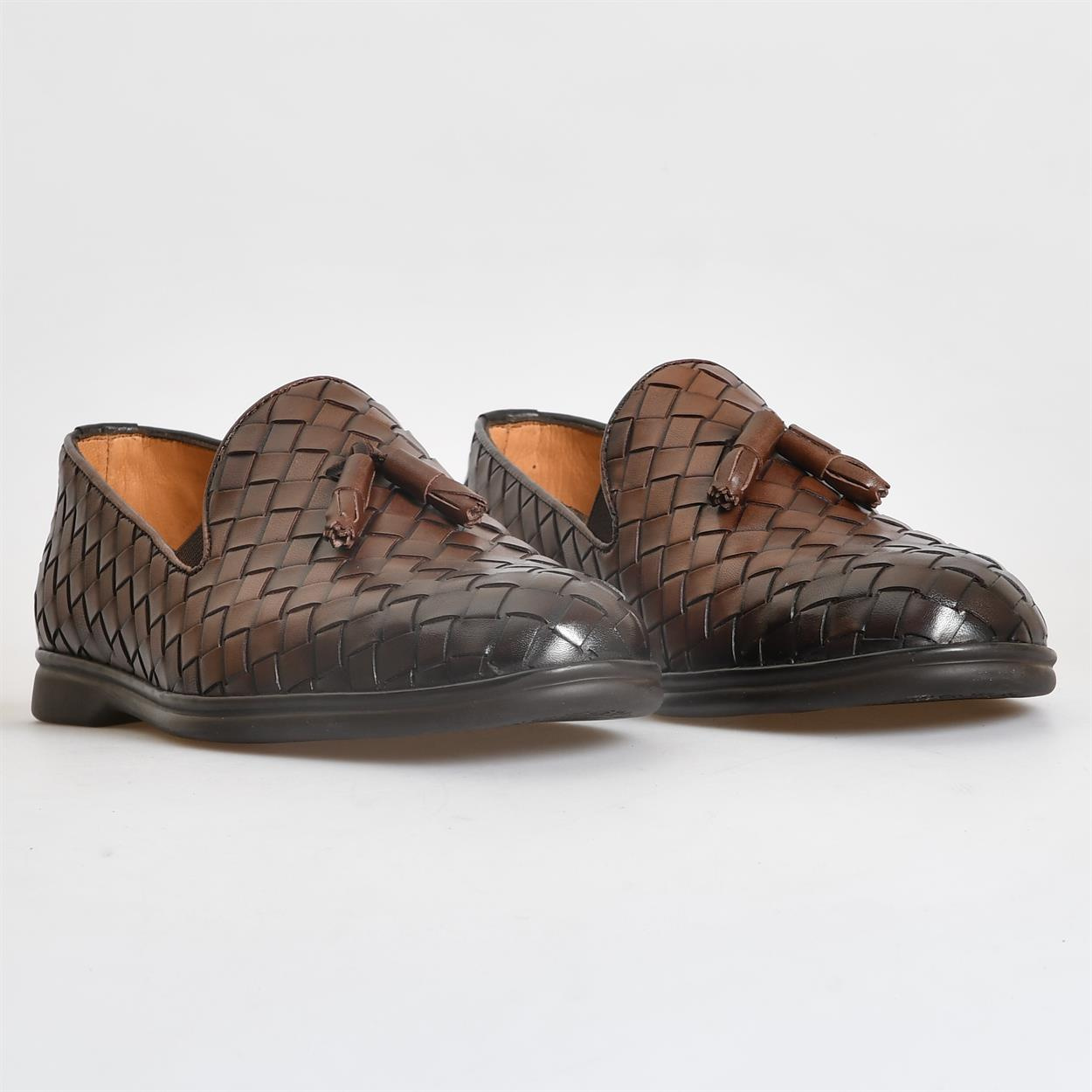 Kahve Deri Püsküllü Örgü Erkek Klasik Ayakkabı