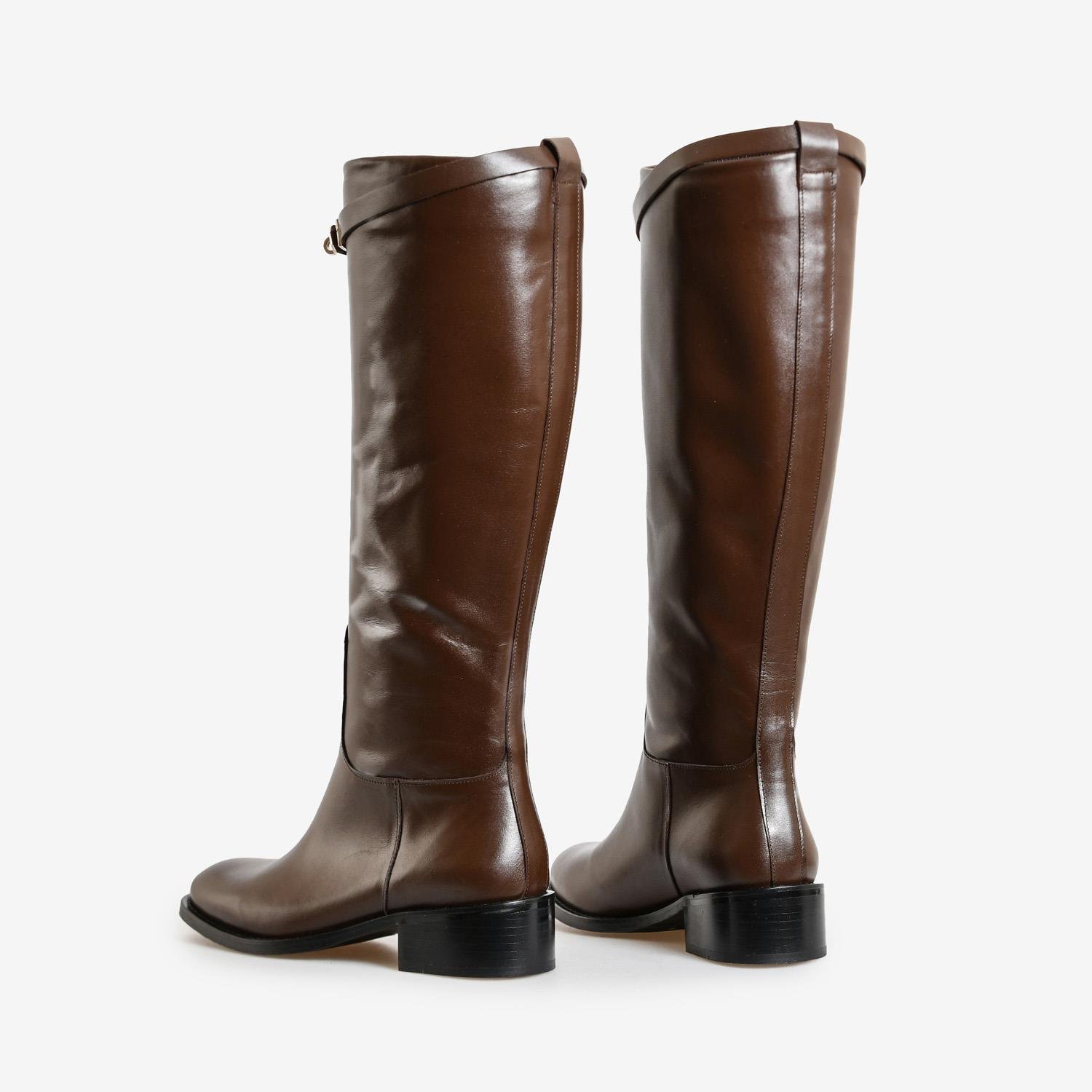 Kahve Deri Tokalı Kadın Çizme