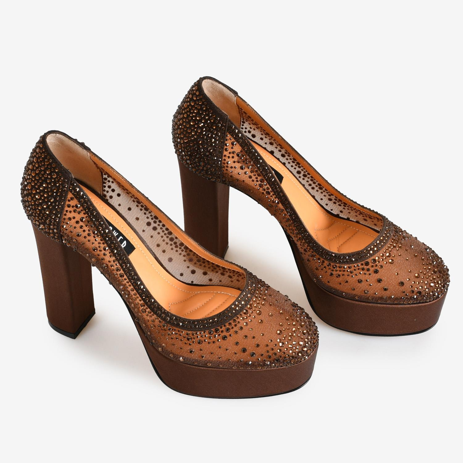 Kahve File Taş Detaylı Kadın Platform Abiye Ayakkabı