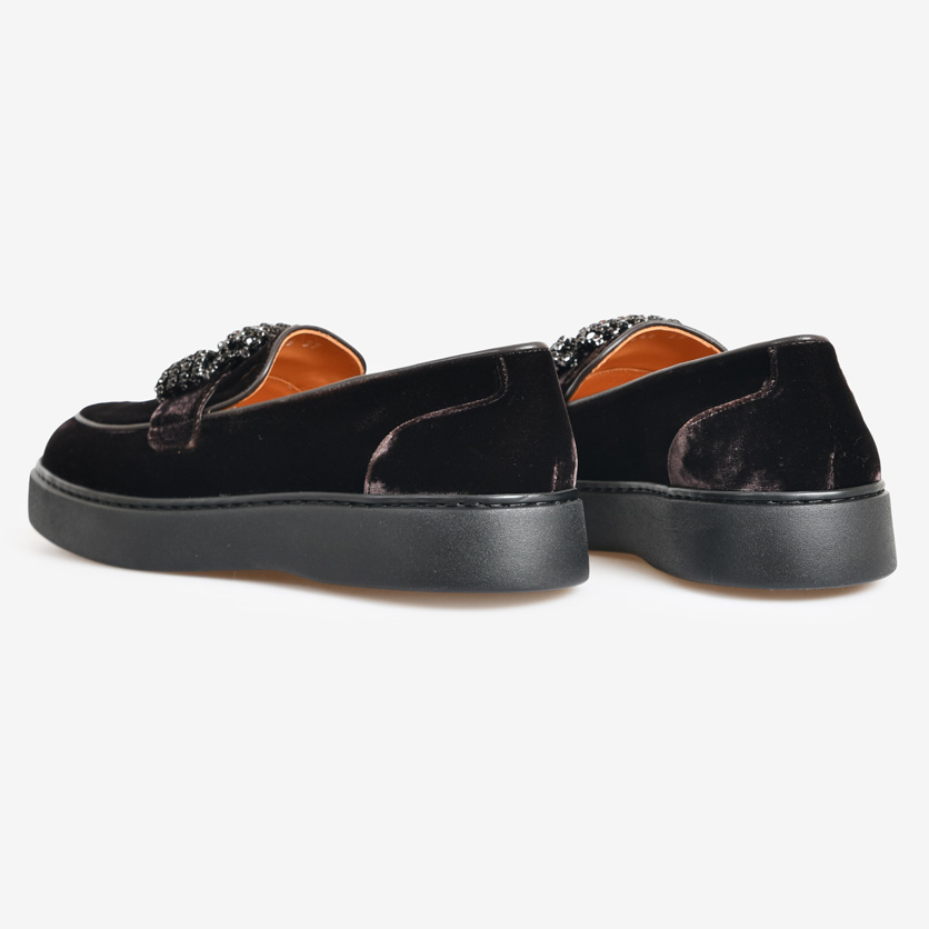Kahve Kadife Taşlı Kadın Loafer