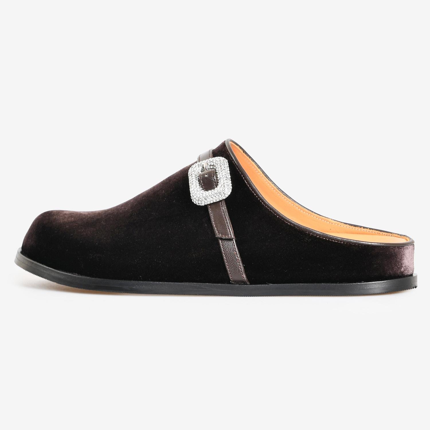 Kahve Kadife Taşlı Tokalı Düz Kadın Abiye Terlik