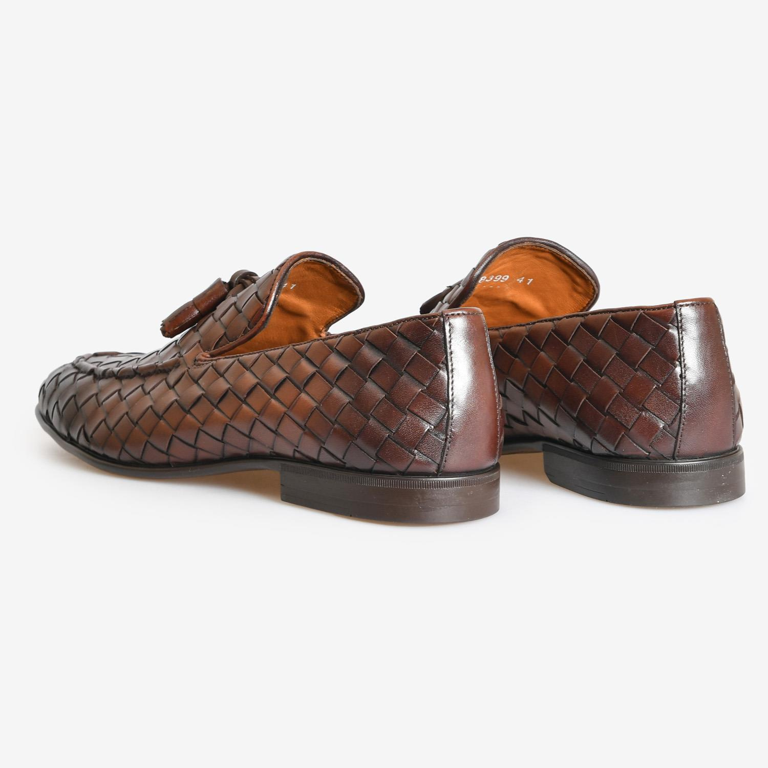 Kahve Örgü Deri Püsküllü Erkek Loafer