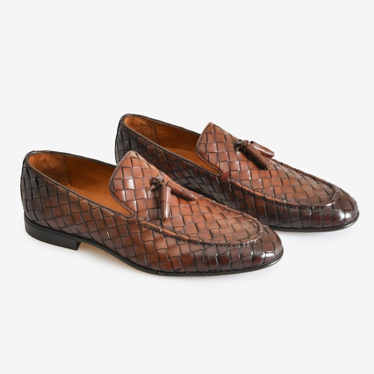 Kahve Örgü Deri Püsküllü Erkek Loafer