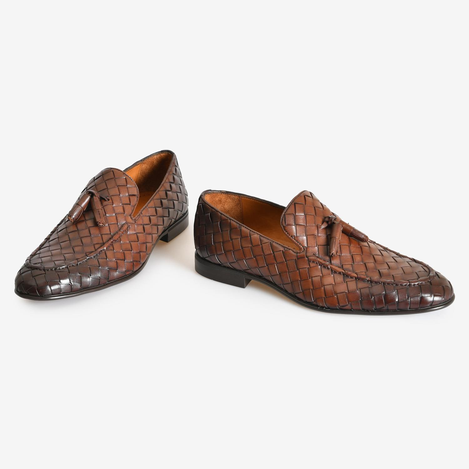 Kahve Örgü Deri Püsküllü Erkek Loafer