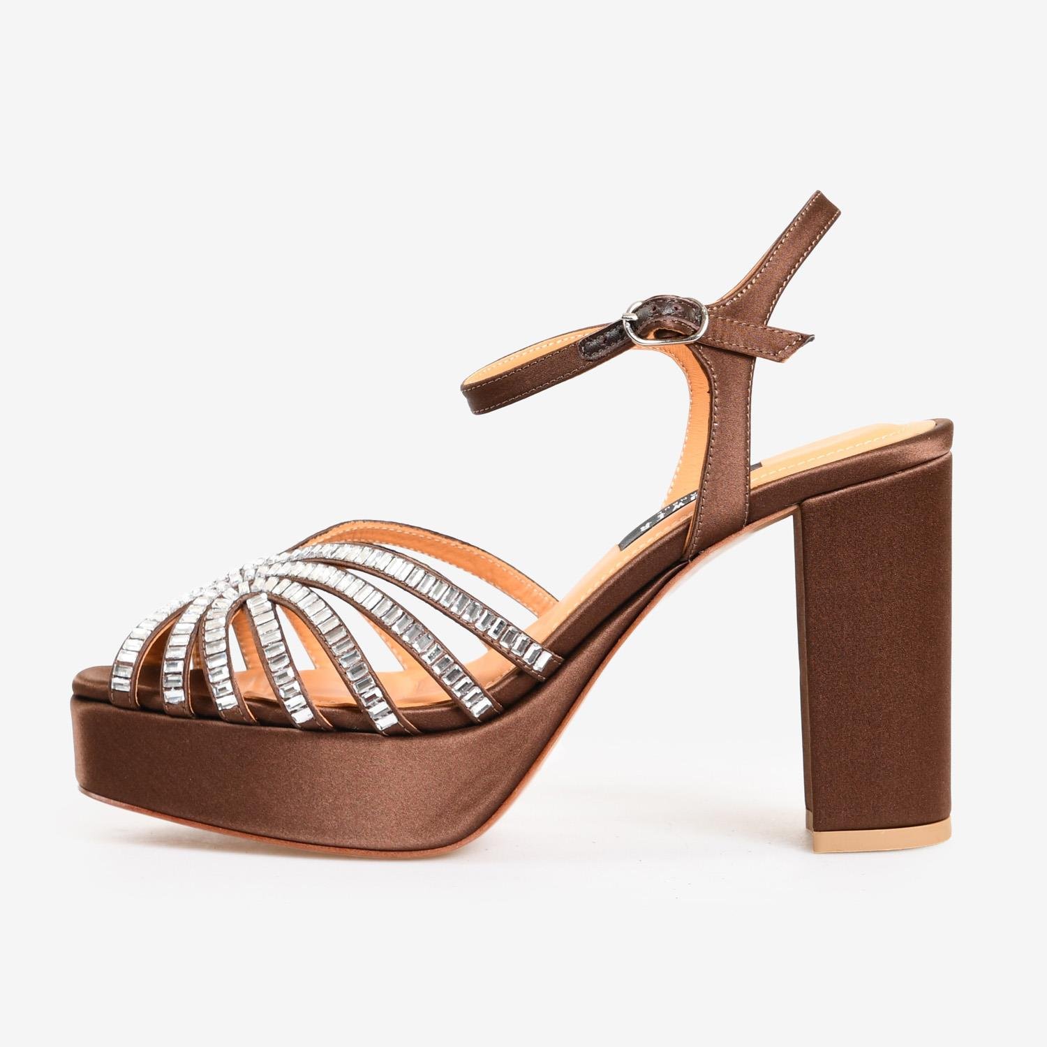 Kahve Saten Taşlı Kadın Abiye Sandalet