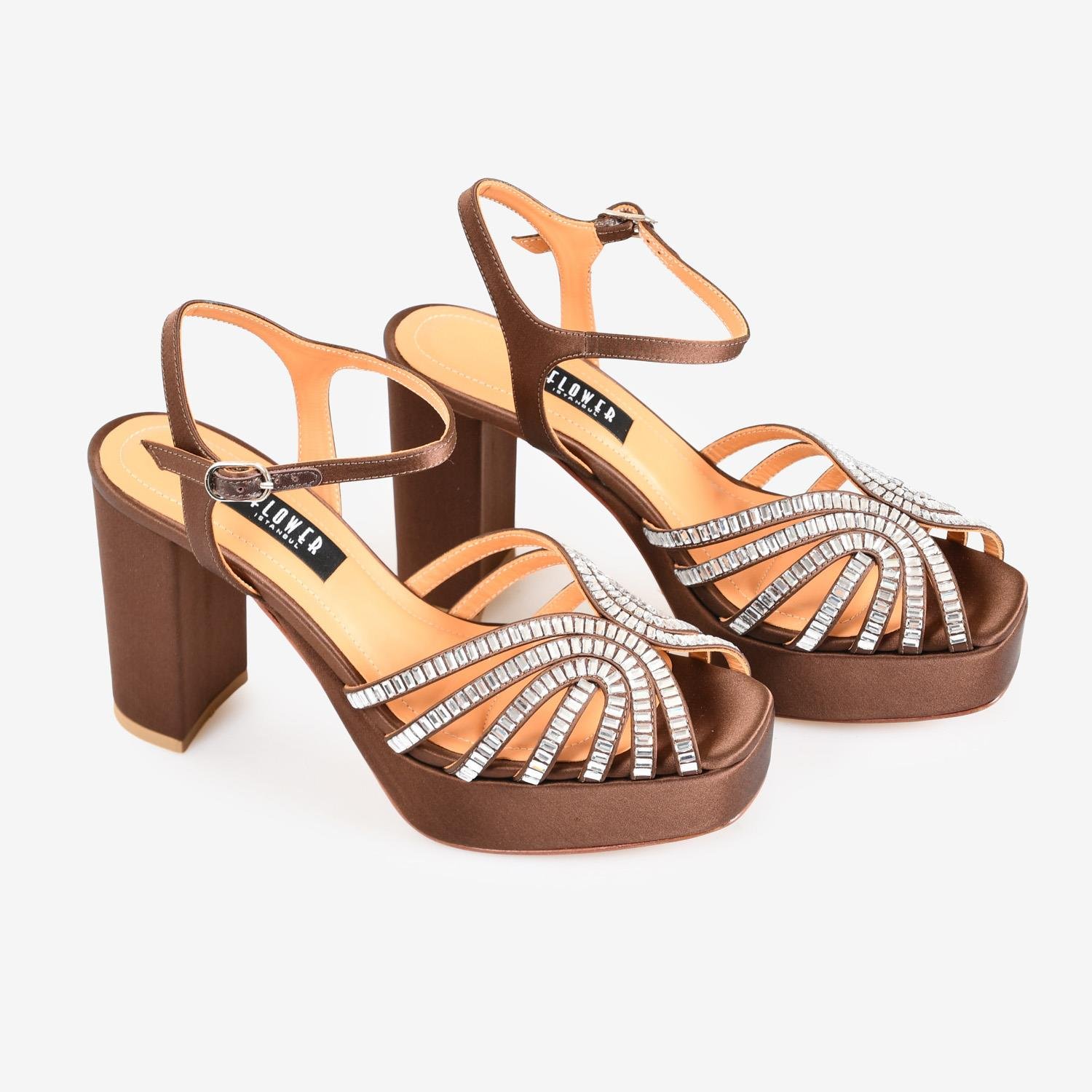 Kahve Saten Taşlı Kadın Abiye Sandalet