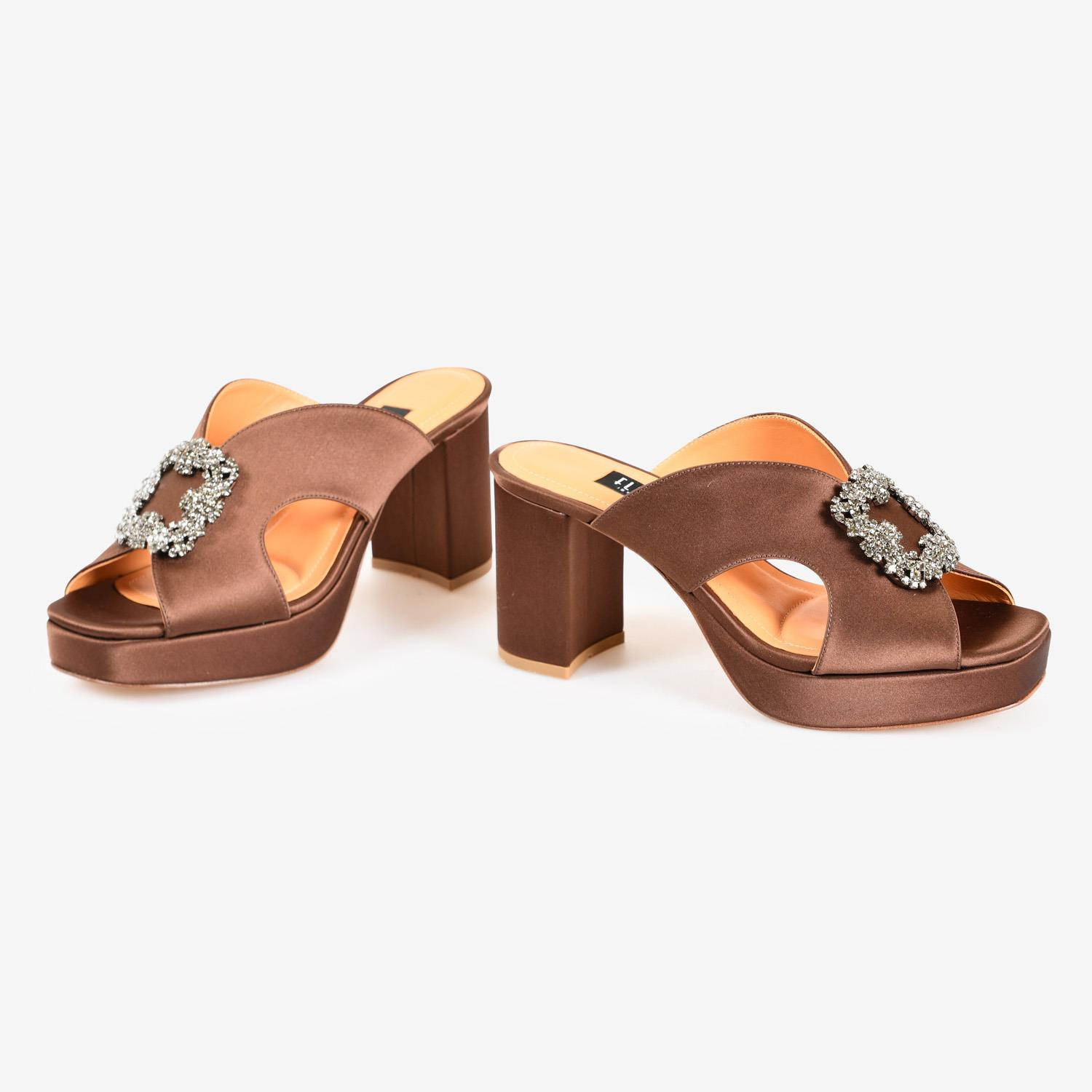 Kahve Saten Tokalı Yüksek Taban Kadın Abiye Terlik