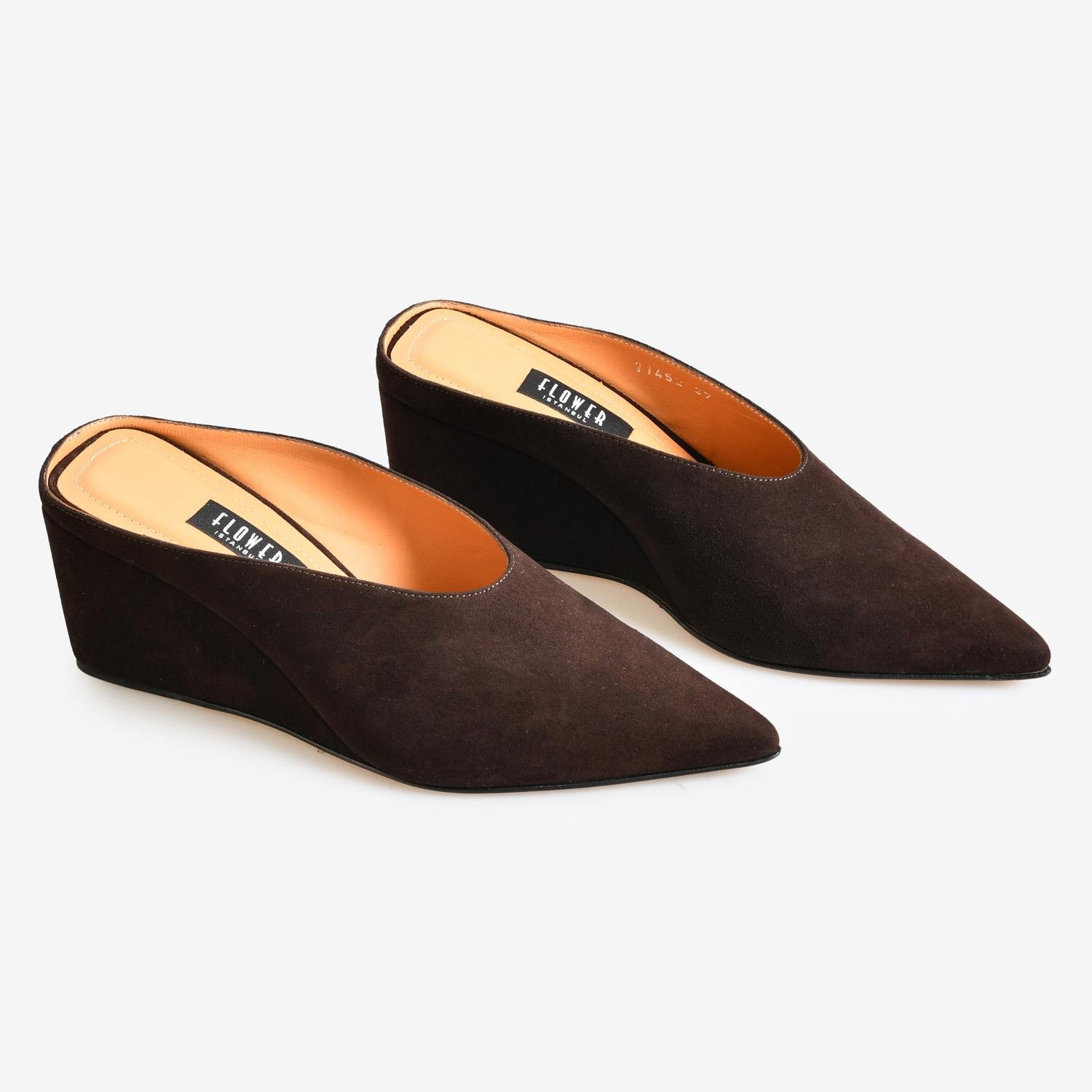 Kahve Süet Dolgu Topuk Kadın Abiye Terlik