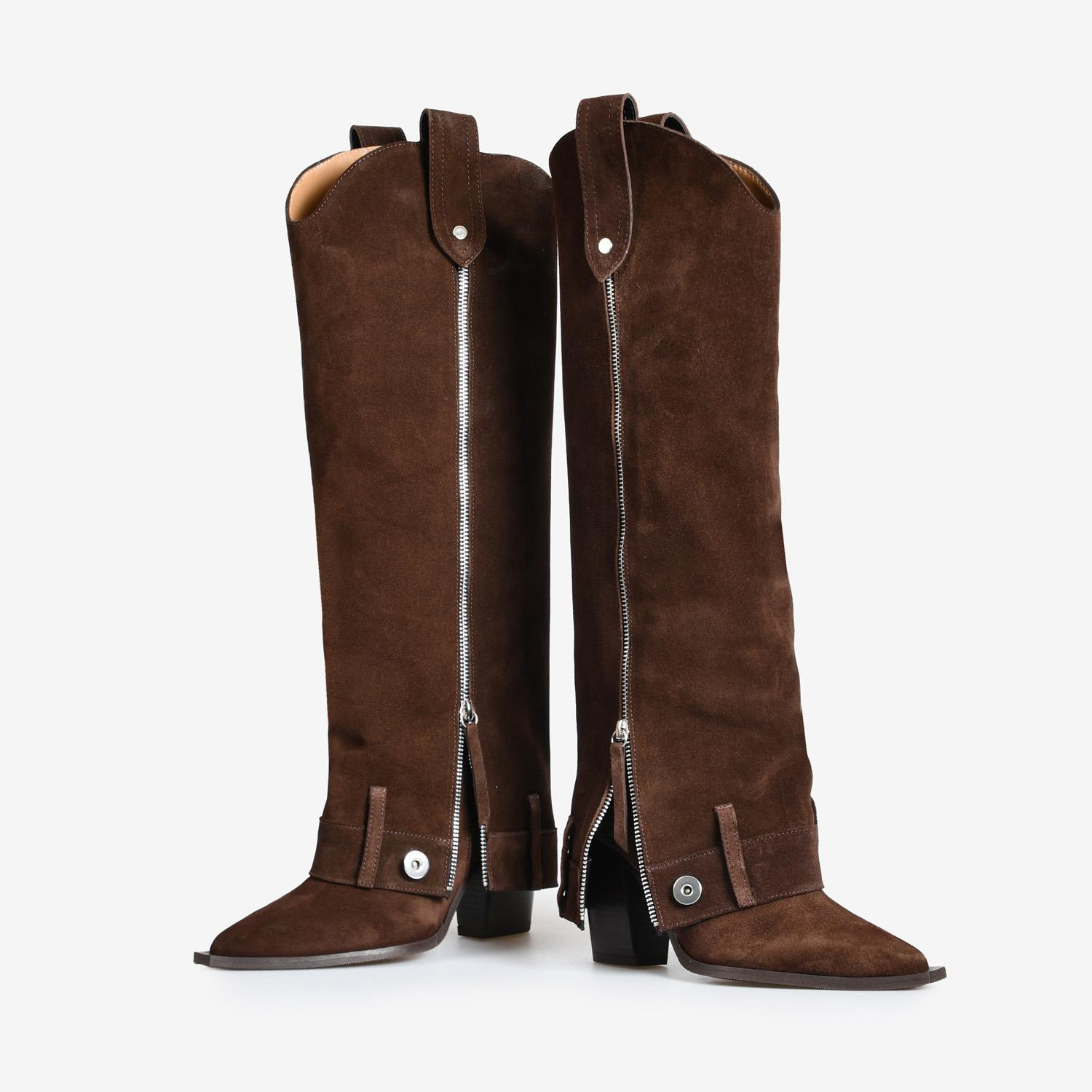 Kahve Süet Fermuar Detaylı Kadın Western Çizme