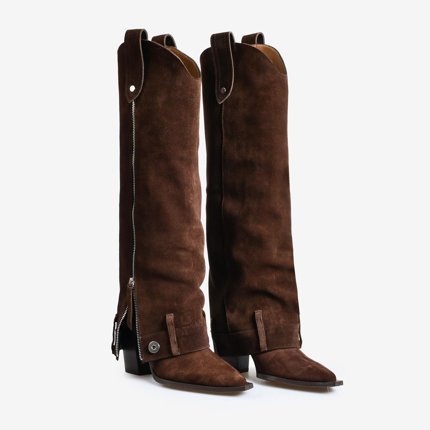 Kahve Süet Fermuar Detaylı Kadın Western Çizme
