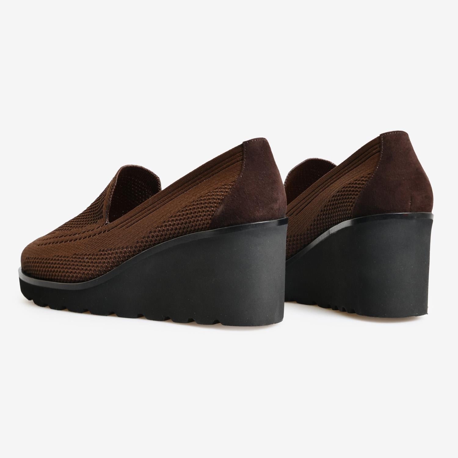 Kahve Triko Dolgu Topuk Kadın Loafer