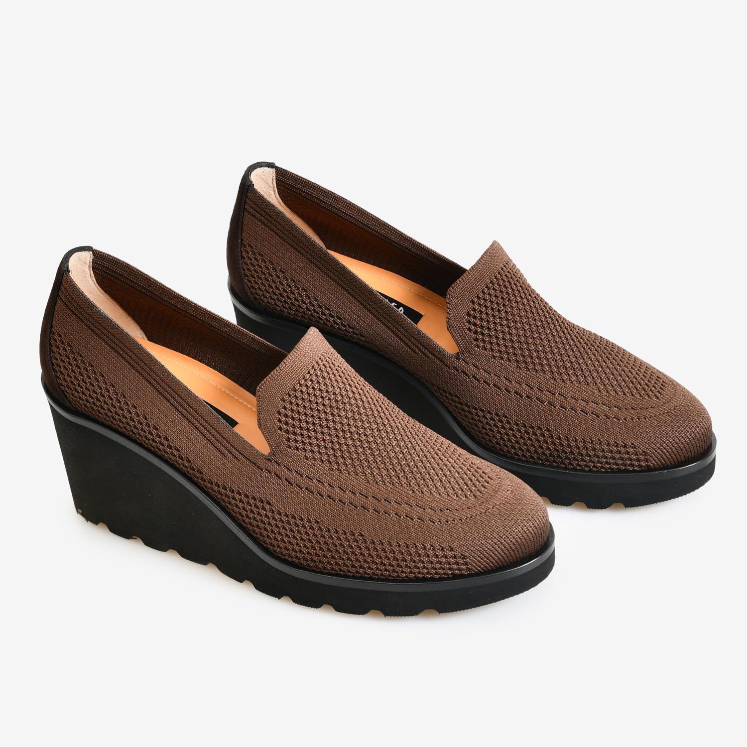 Kahve Triko Dolgu Topuk Kadın Loafer