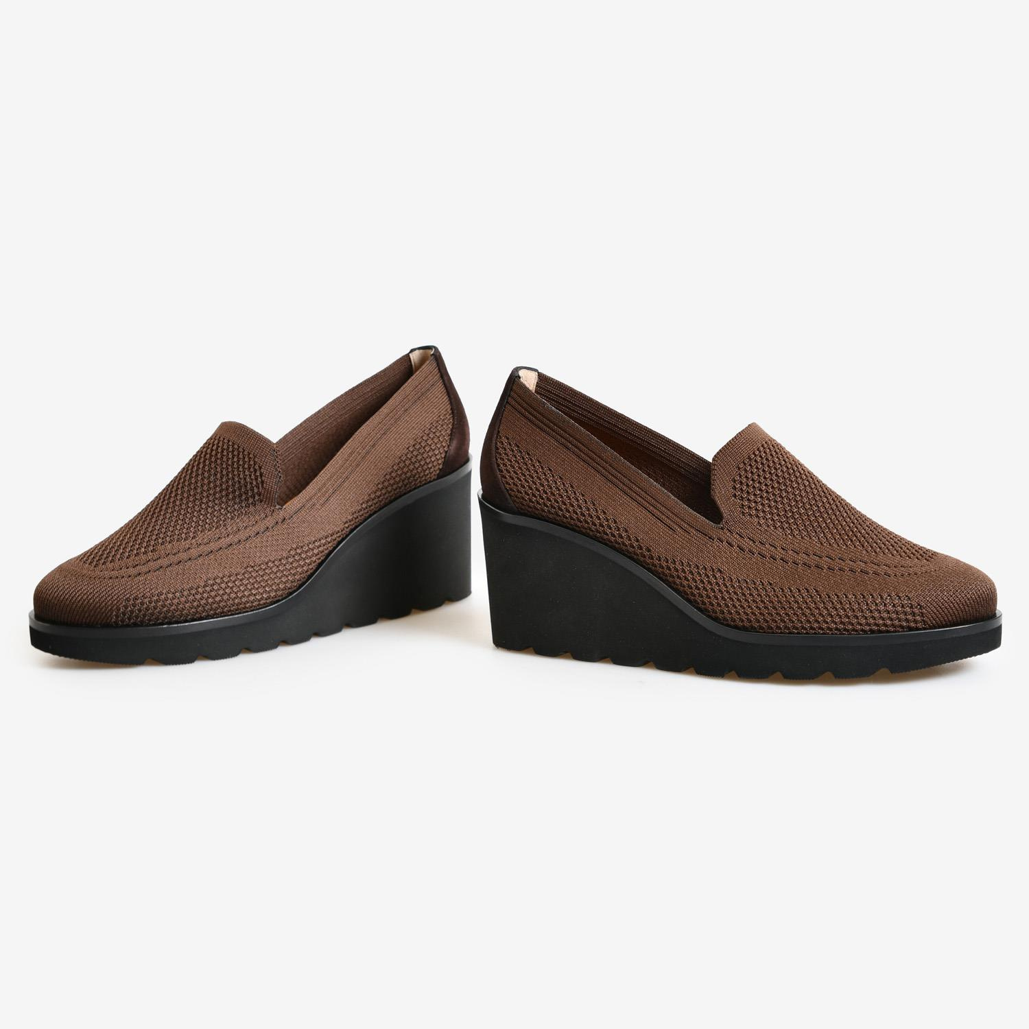 Kahve Triko Dolgu Topuk Kadın Loafer