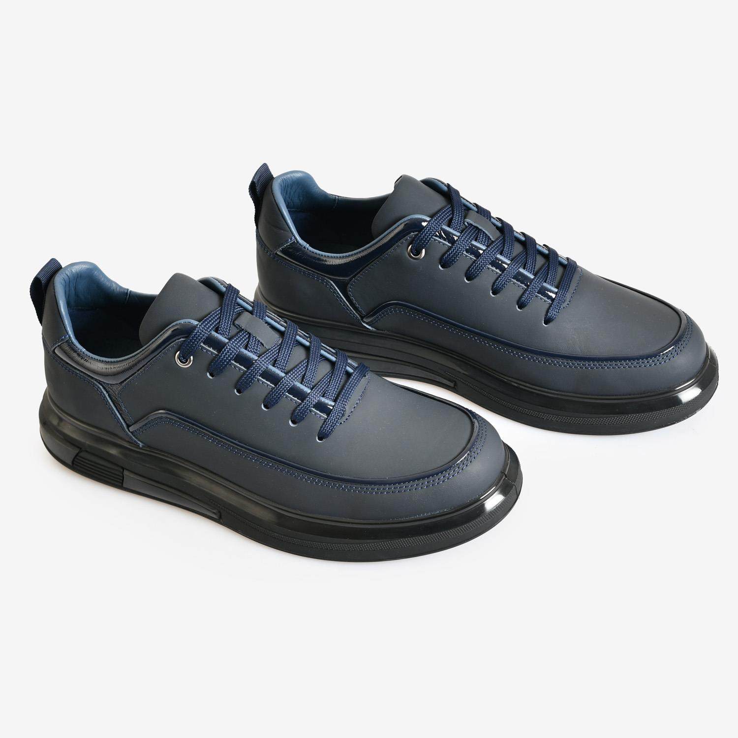Lacivert Deri Bağcıklı Erkek Sneaker