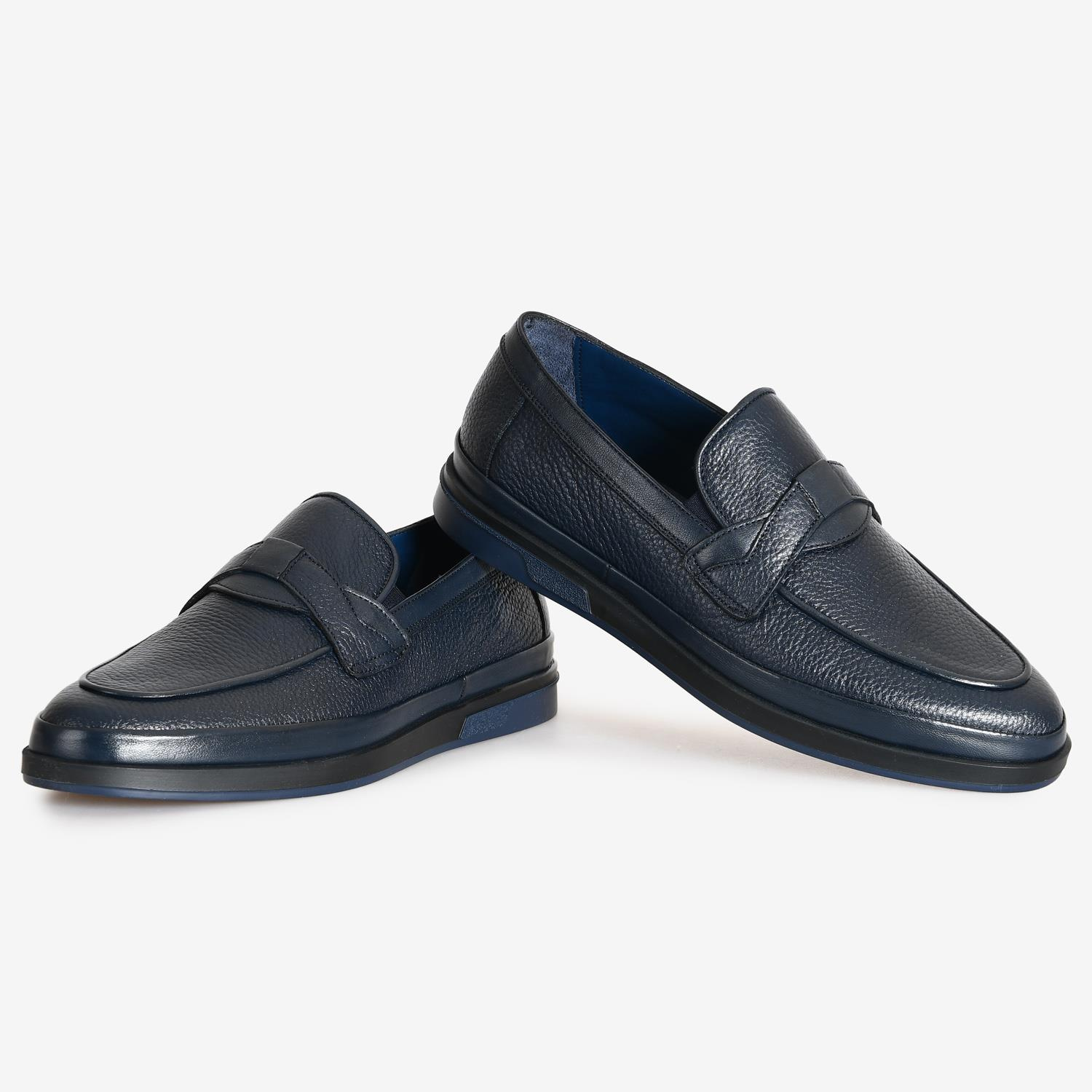 Lacivert Deri Bağcıksız Erkek Loafer