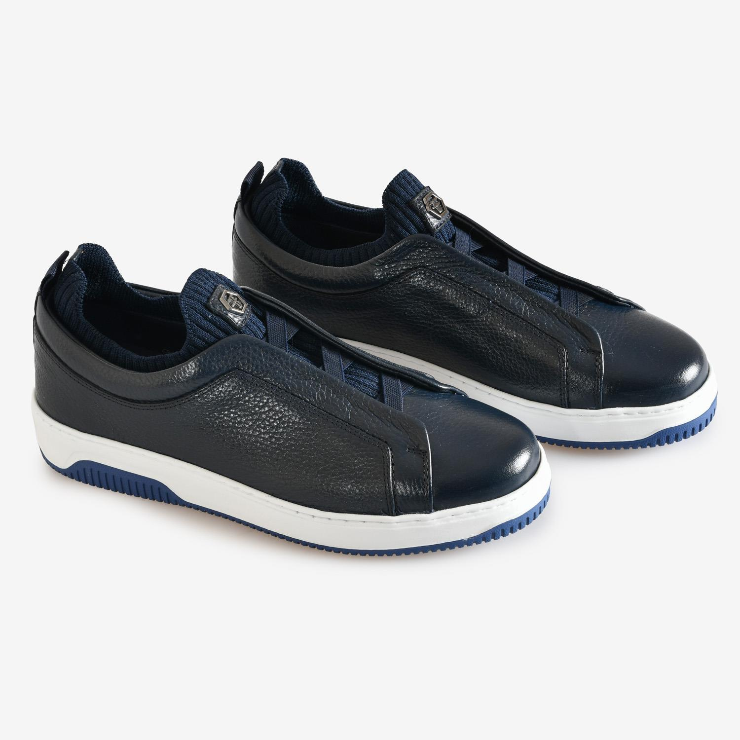 Lacivert Deri Bağcıksız Erkek Sneaker