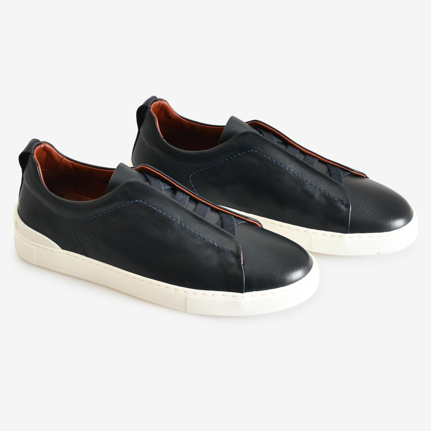 Lacivert Deri Bağcıksız Erkek Sneaker