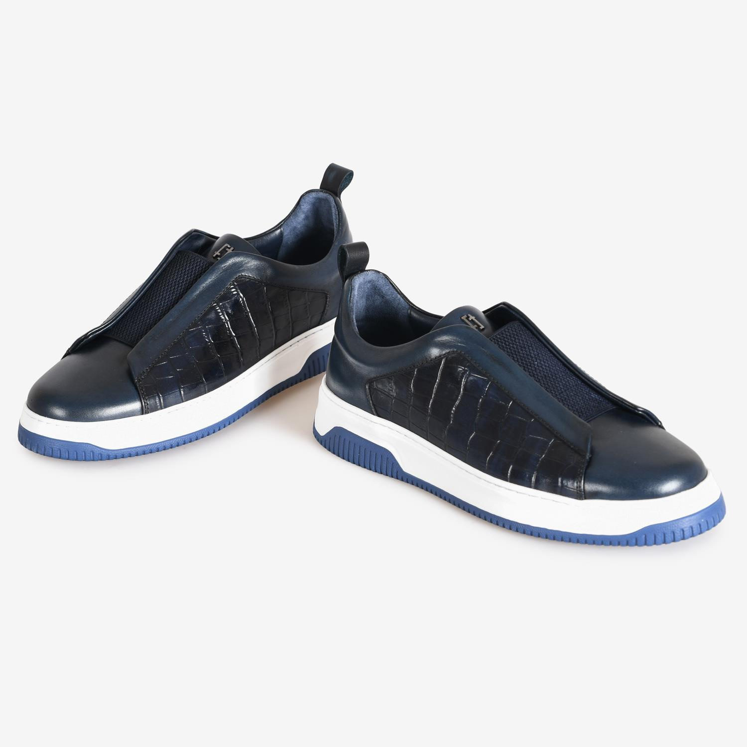 Lacivert Deri Erkek Bağcıksız Sneaker