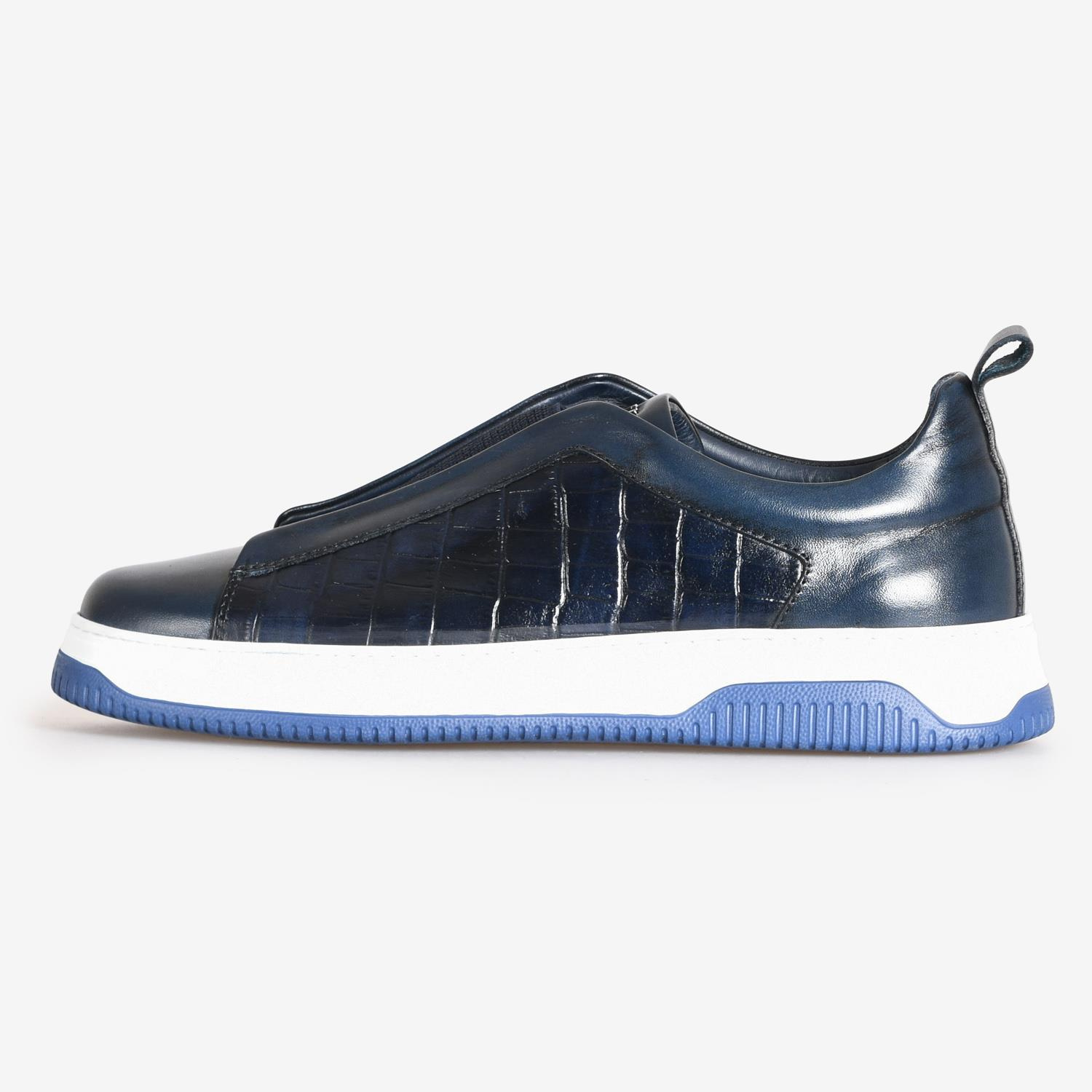 Lacivert Deri Erkek Bağcıksız Sneaker