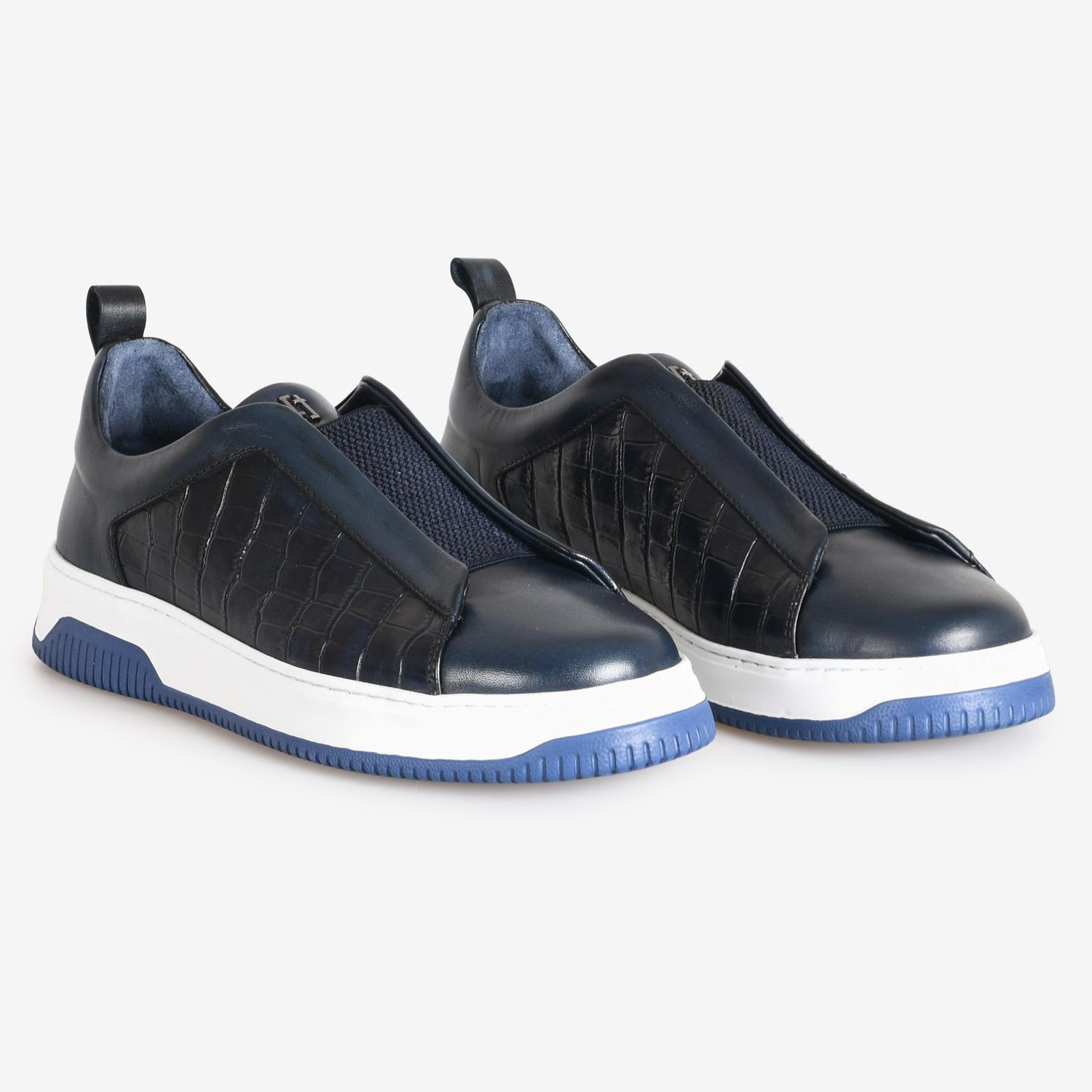 Lacivert Deri Erkek Bağcıksız Sneaker
