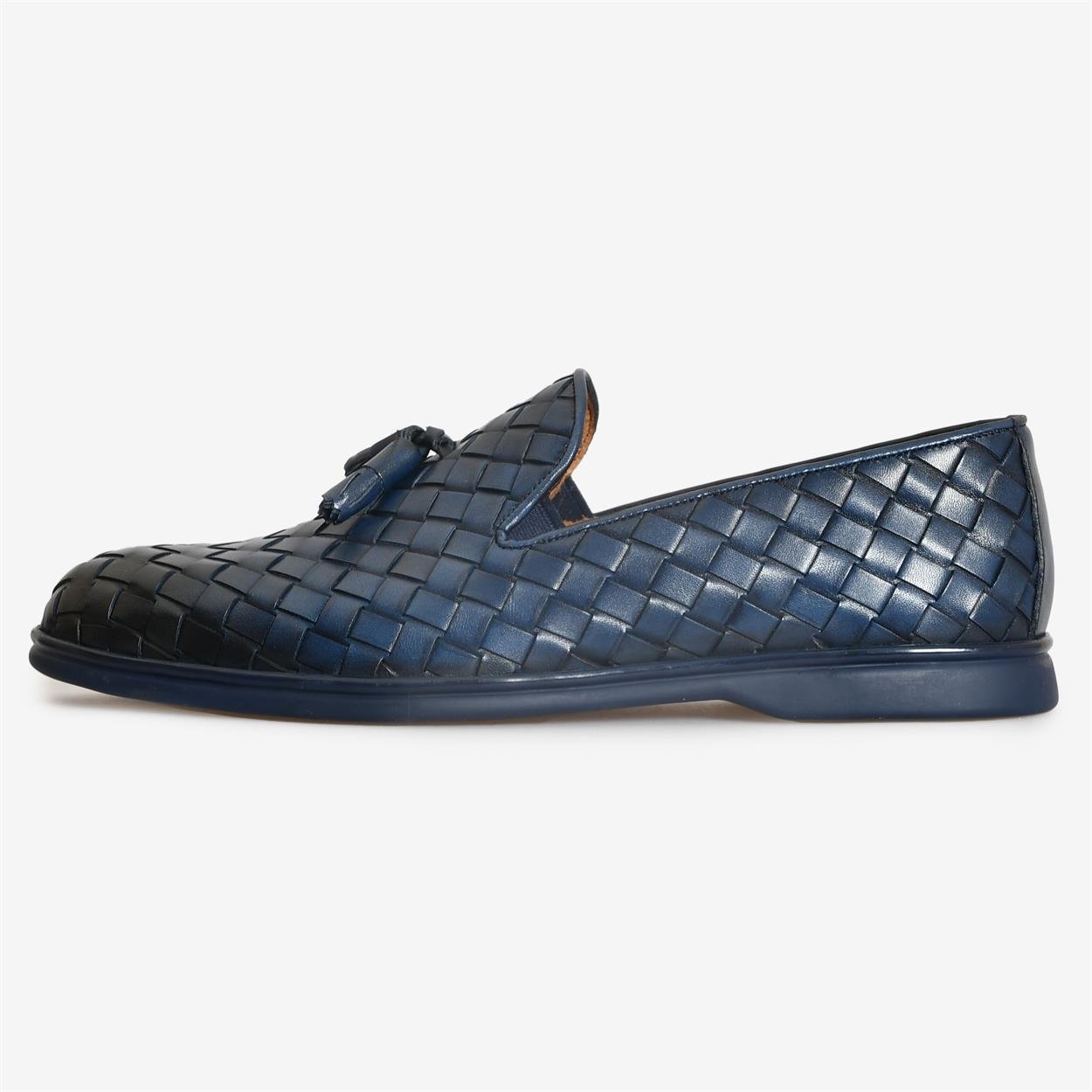 Lacivert Deri Püsküllü Örgü Erkek Klasik Ayakkabı